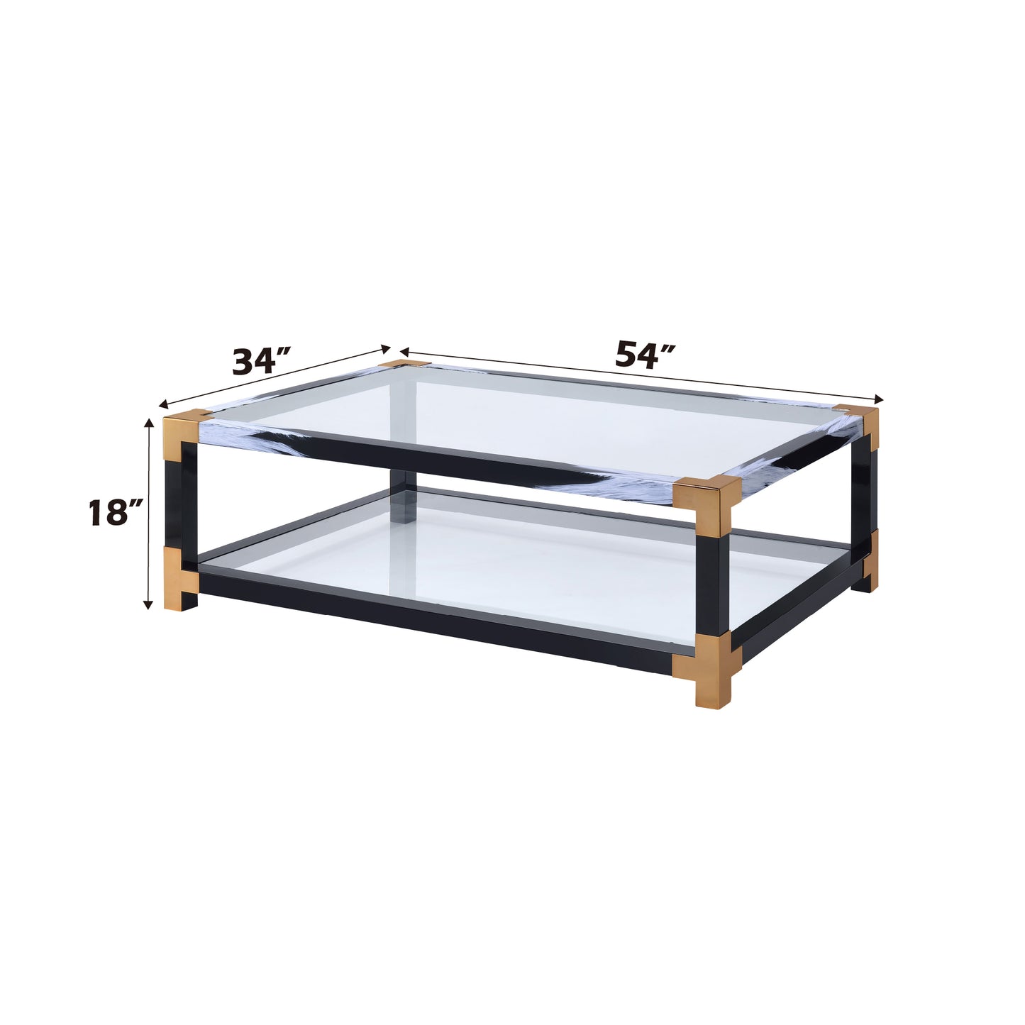 Modern glass coffee table with black frame and gold accents  L x W