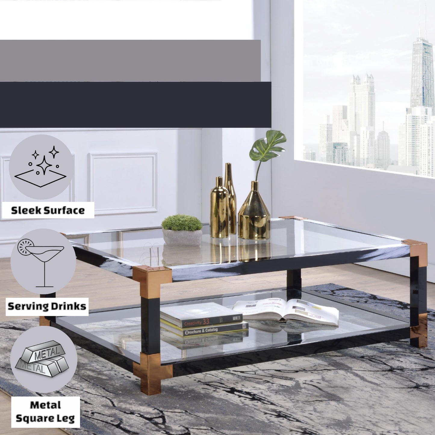 Modern square coffee table with black and gold frame and glass top