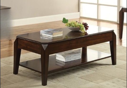 Dark brown wooden coffee table with beveled edges and a lower shelf