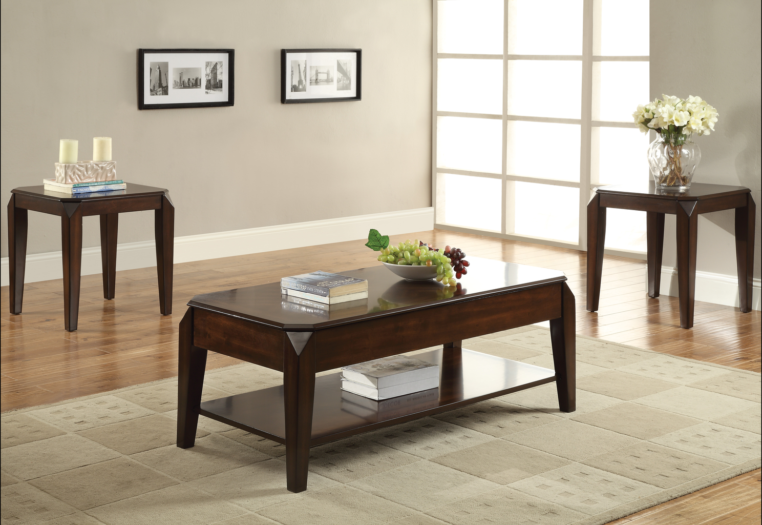 Dark wood lifttop coffee table with a lower shelf for storage