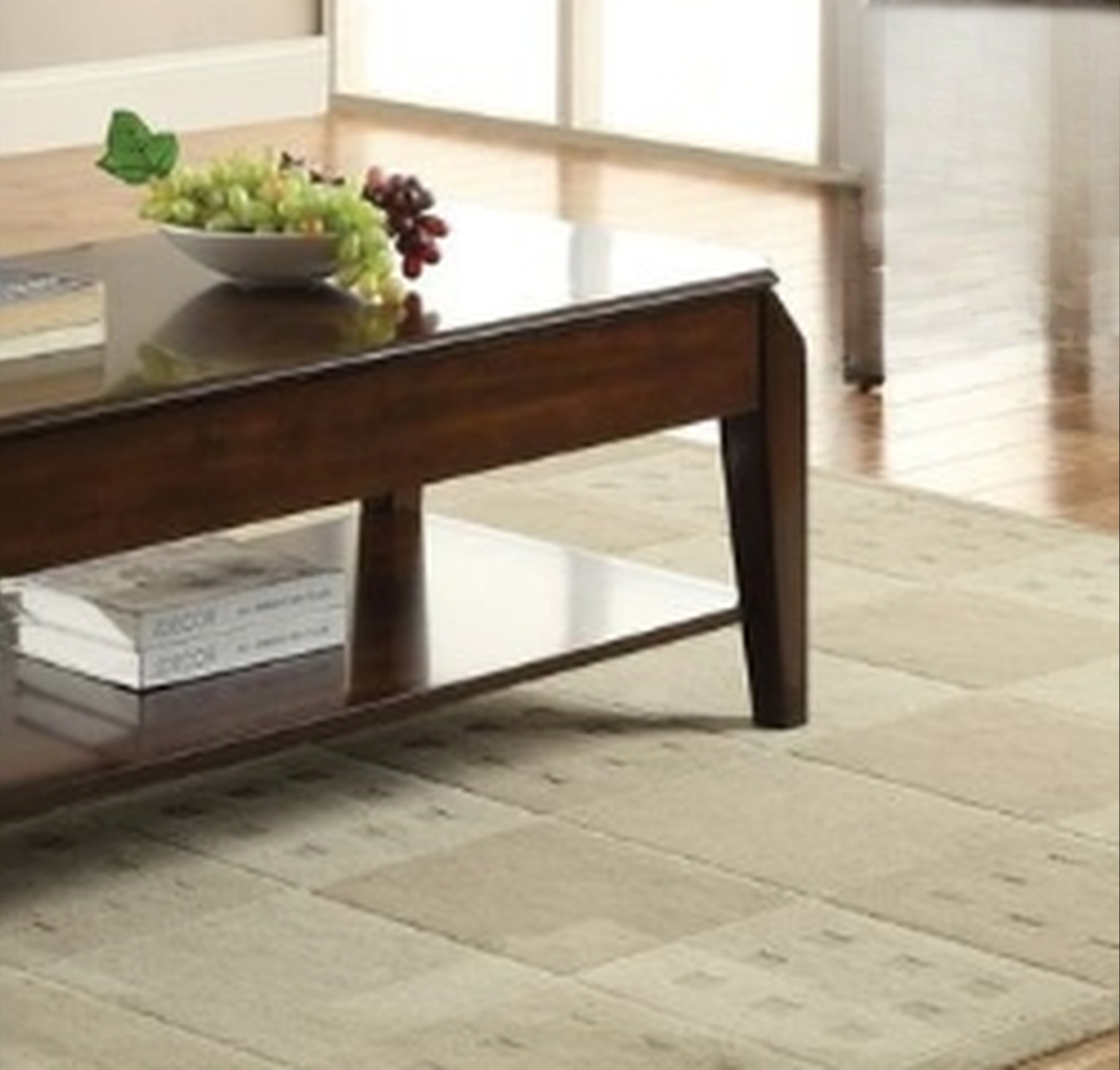 Dark brown wooden coffee table with glass top