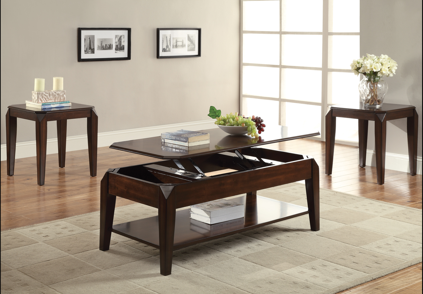 Dark brown lifttop coffee table with hidden storage and lower shelf