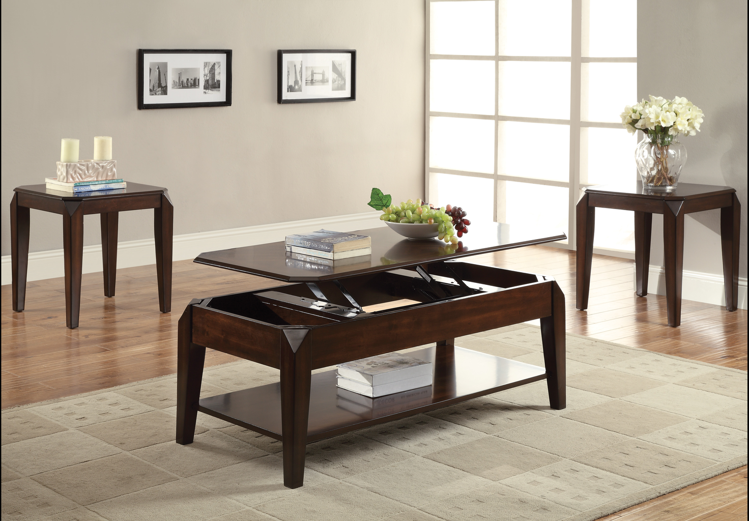 Dark brown lifttop coffee table with hidden storage and lower shelf