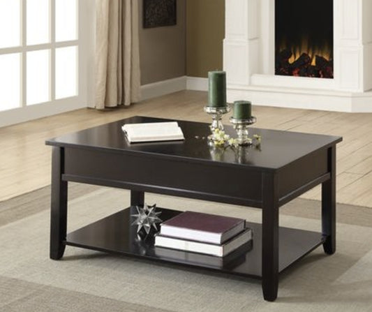 Dark brown rectangular coffee table with storage shelf