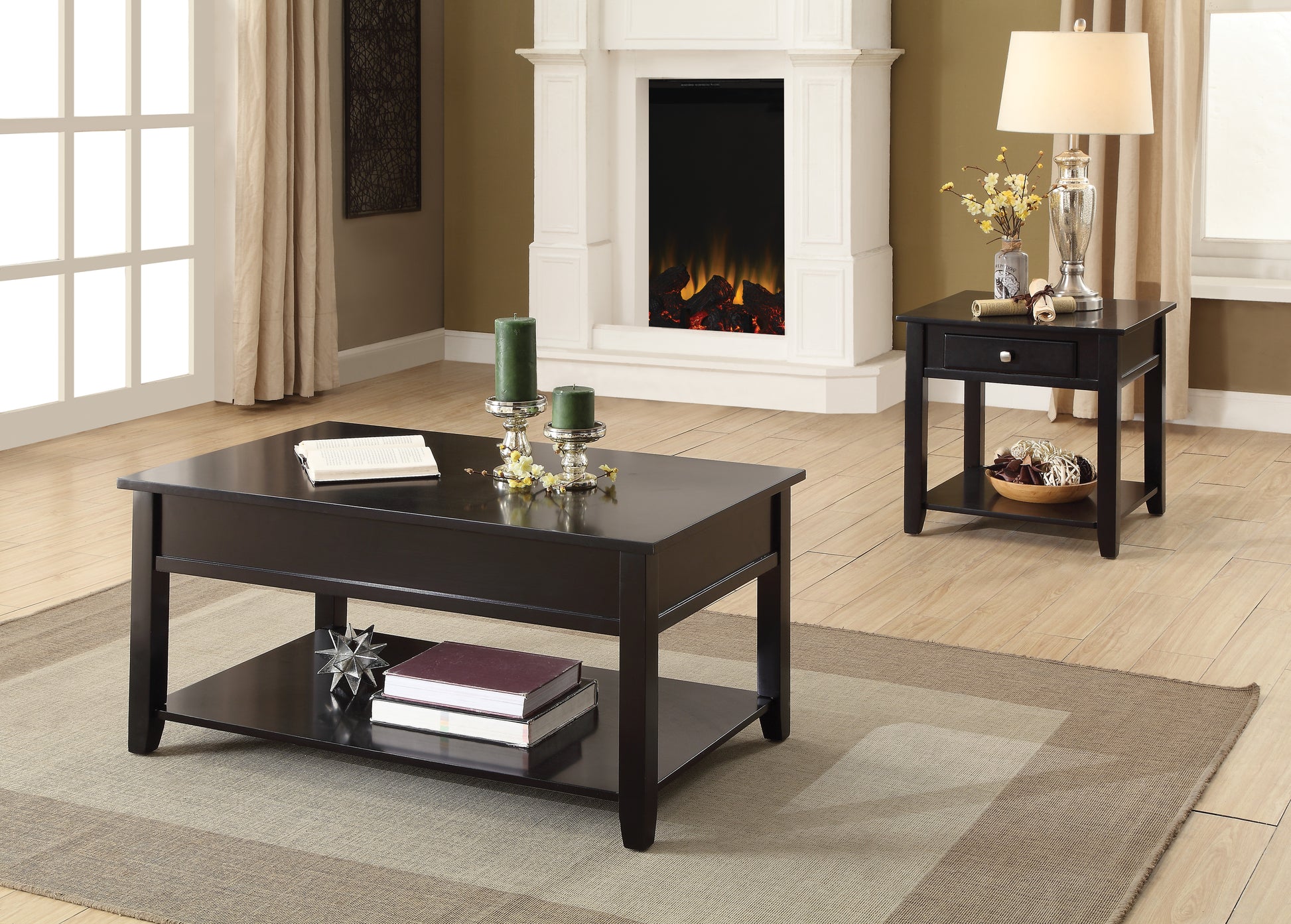 Dark brown wooden coffee table with storage shelf showcasing a book and decorative starburst