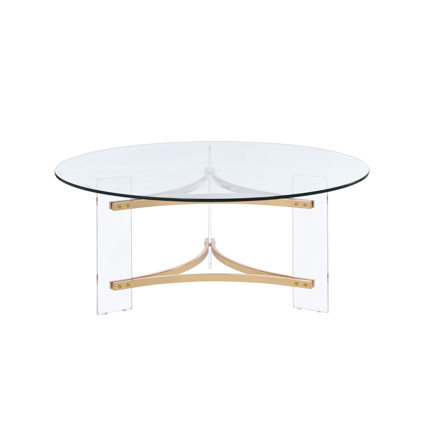 Round glass coffee table with gold metal legs and clear acrylic supports