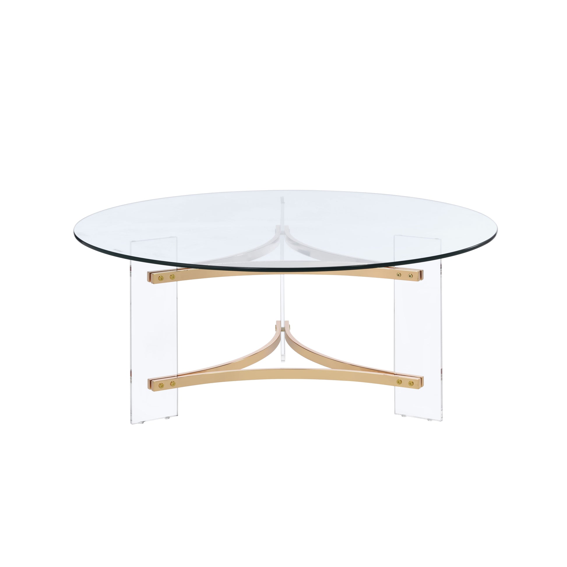 Round glass coffee table with gold metal legs and clear acrylic supports