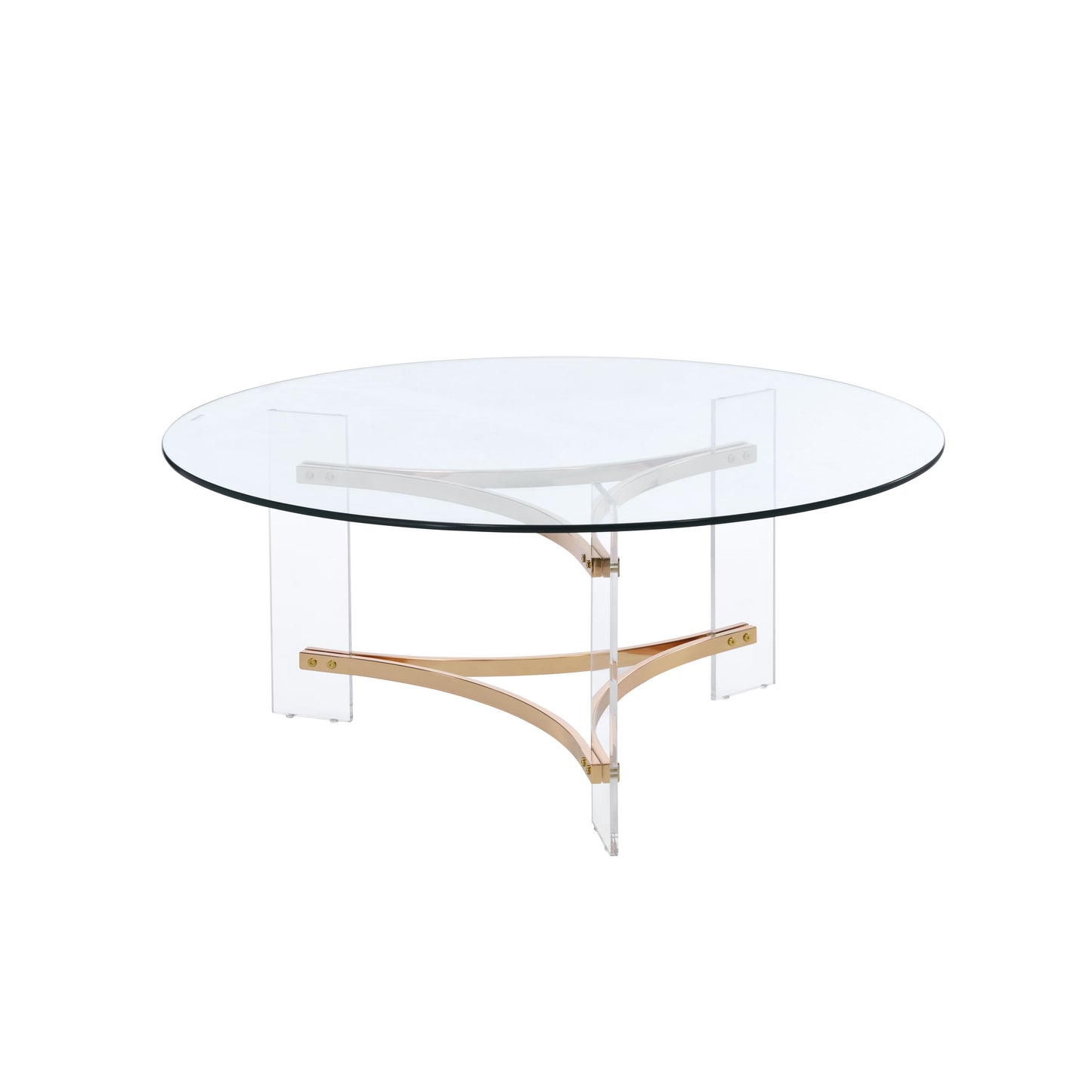 Round glass coffee table with brass accents and acrylic legs