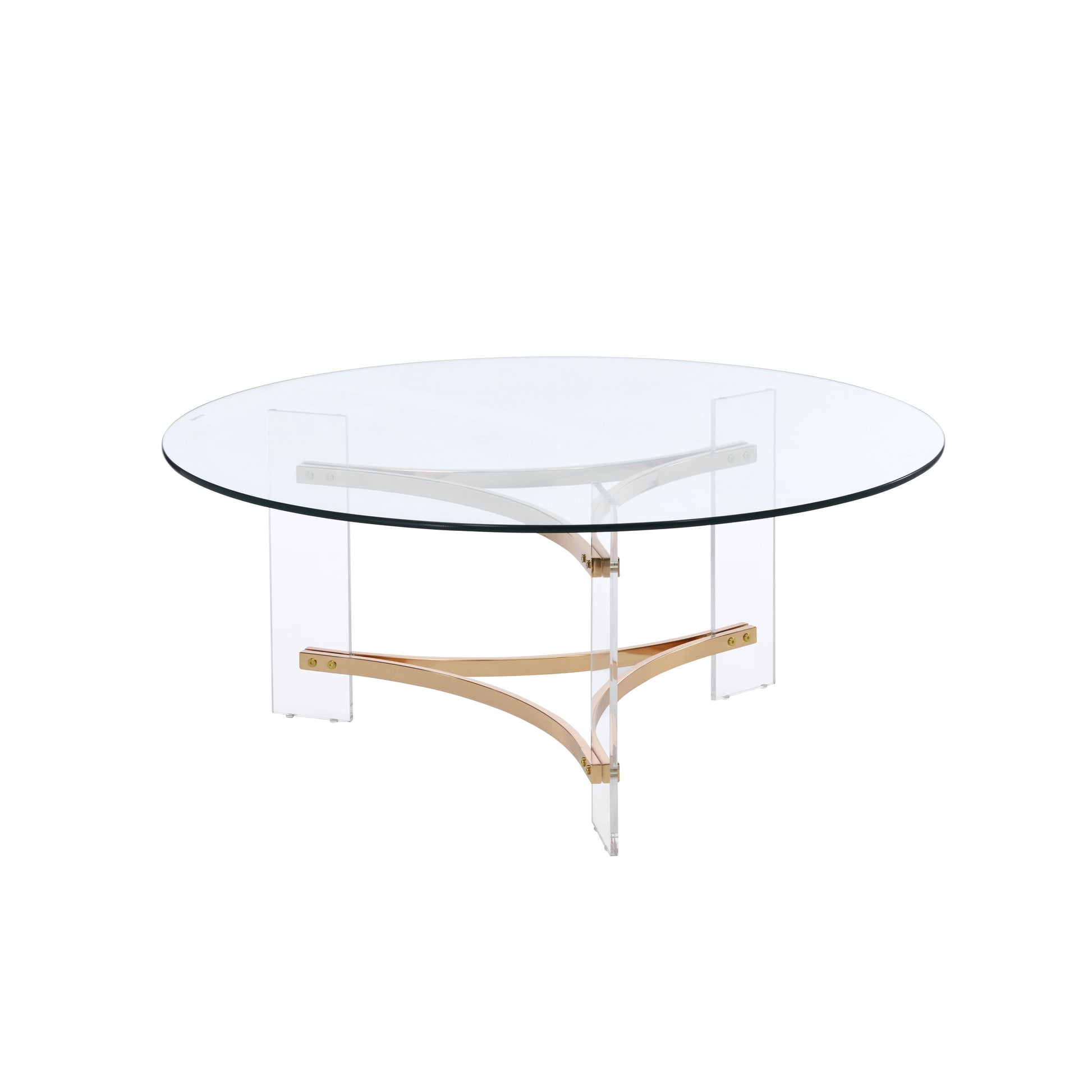 Round glass coffee table with brass accents and acrylic legs