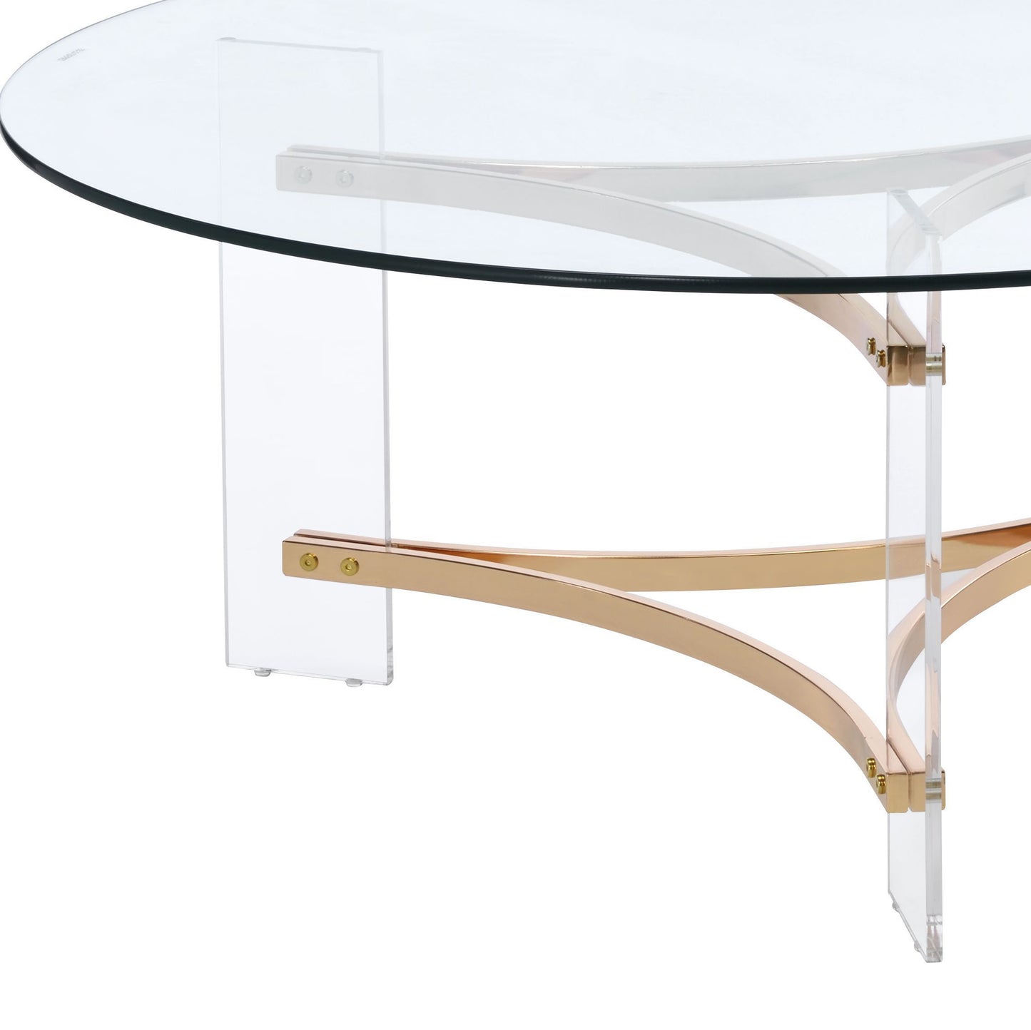 Clear glass coffee table with polished brass accents