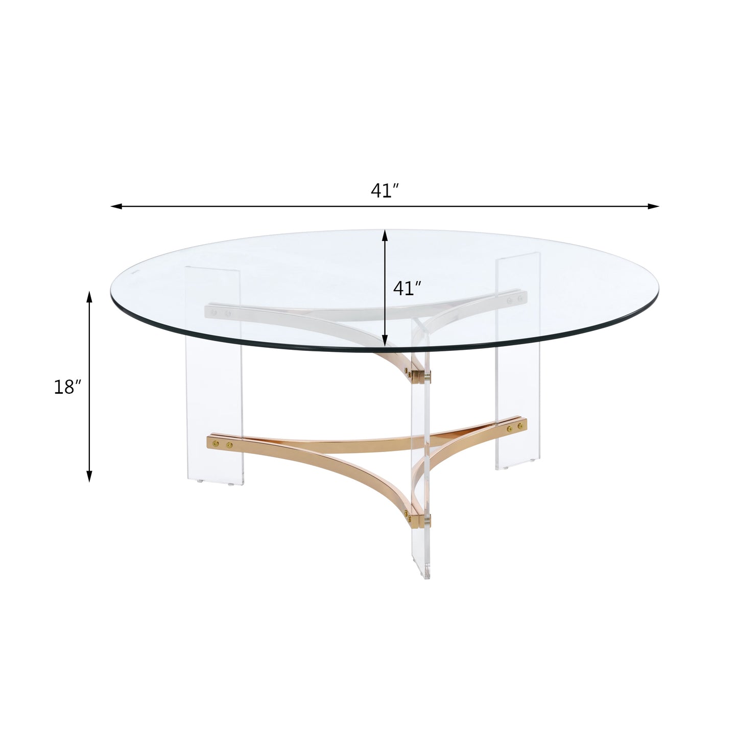 Round glass coffee table with gold accents and acrylic legs