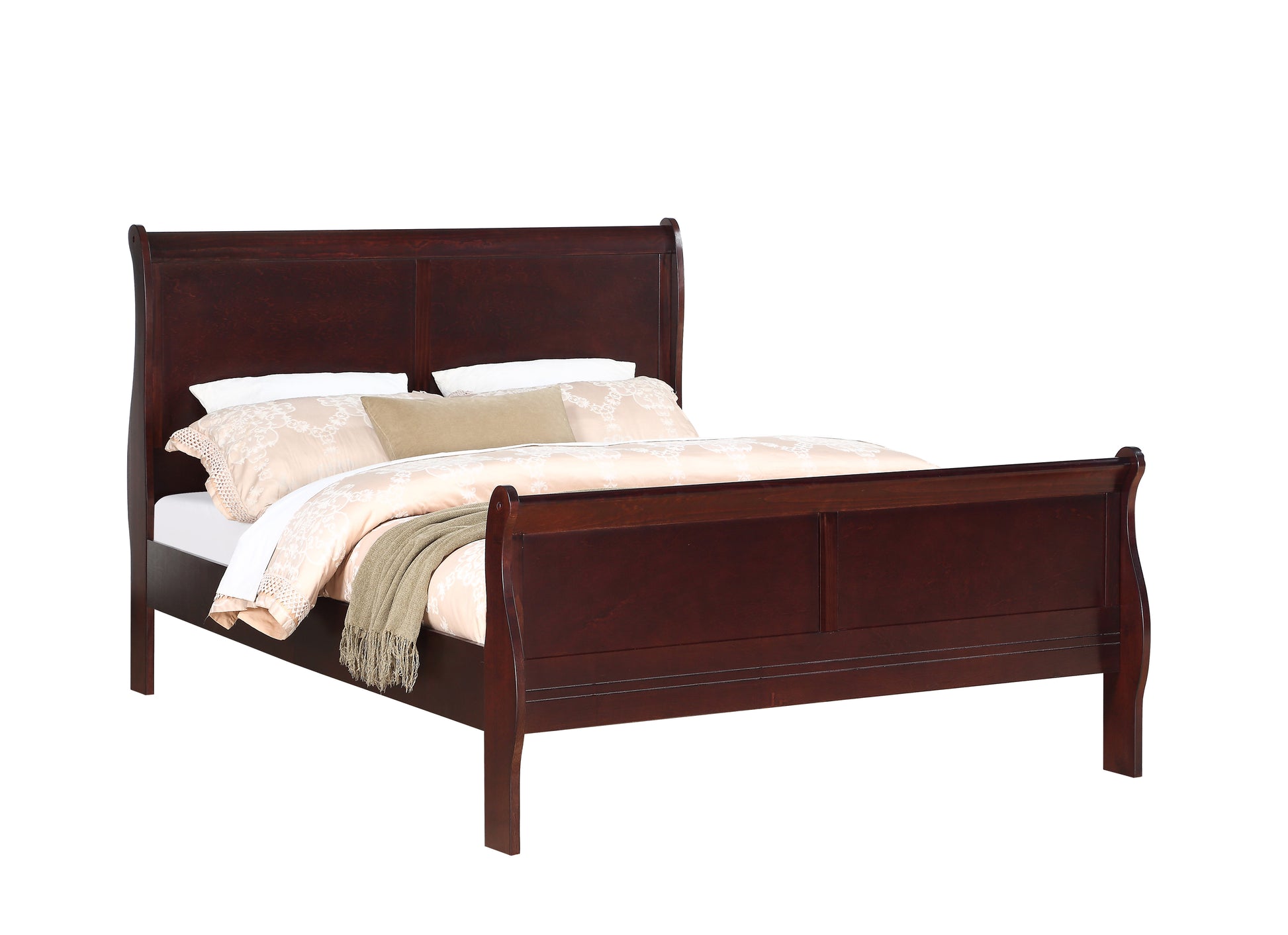 Dark cherry wood sleigh bed frame with white bedding