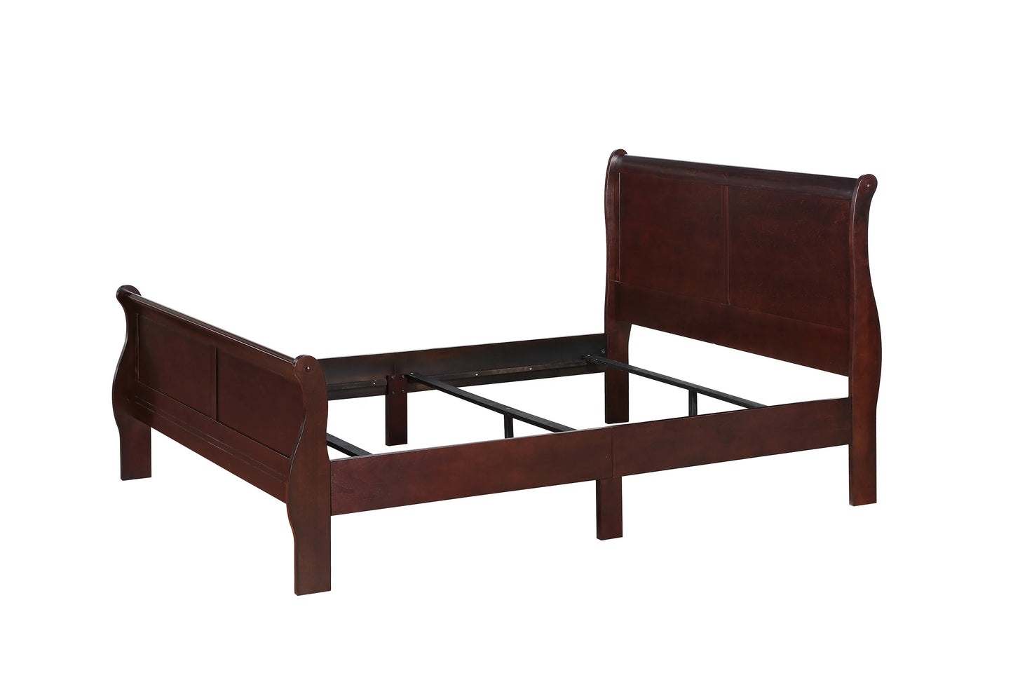 Dark brown wooden sleigh bed frame with curved headboard and footboard
