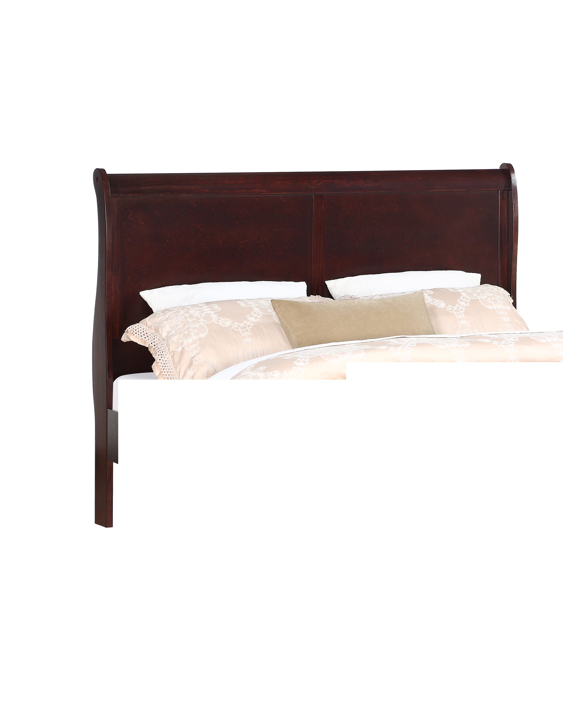 Dark cherry sleigh bed frame with curved headboard and detailed stitching on pillows