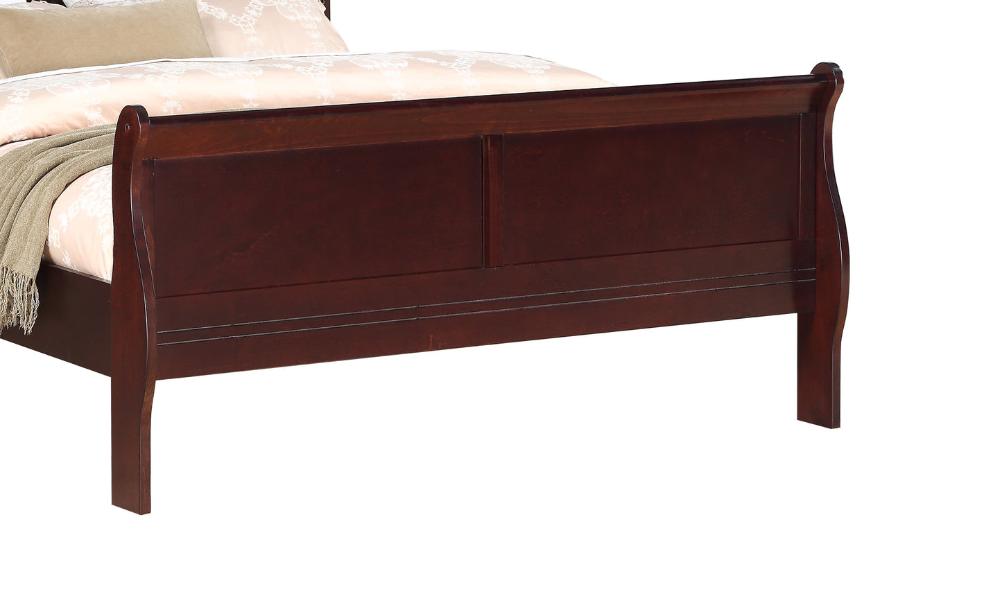 Dark cherry wood sleigh bed headboard with subtle horizontal inlays