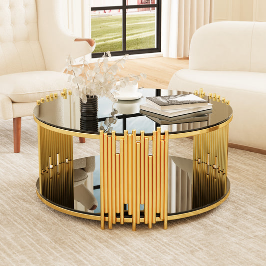 Modern round coffee table with gold metal frame and black glass top