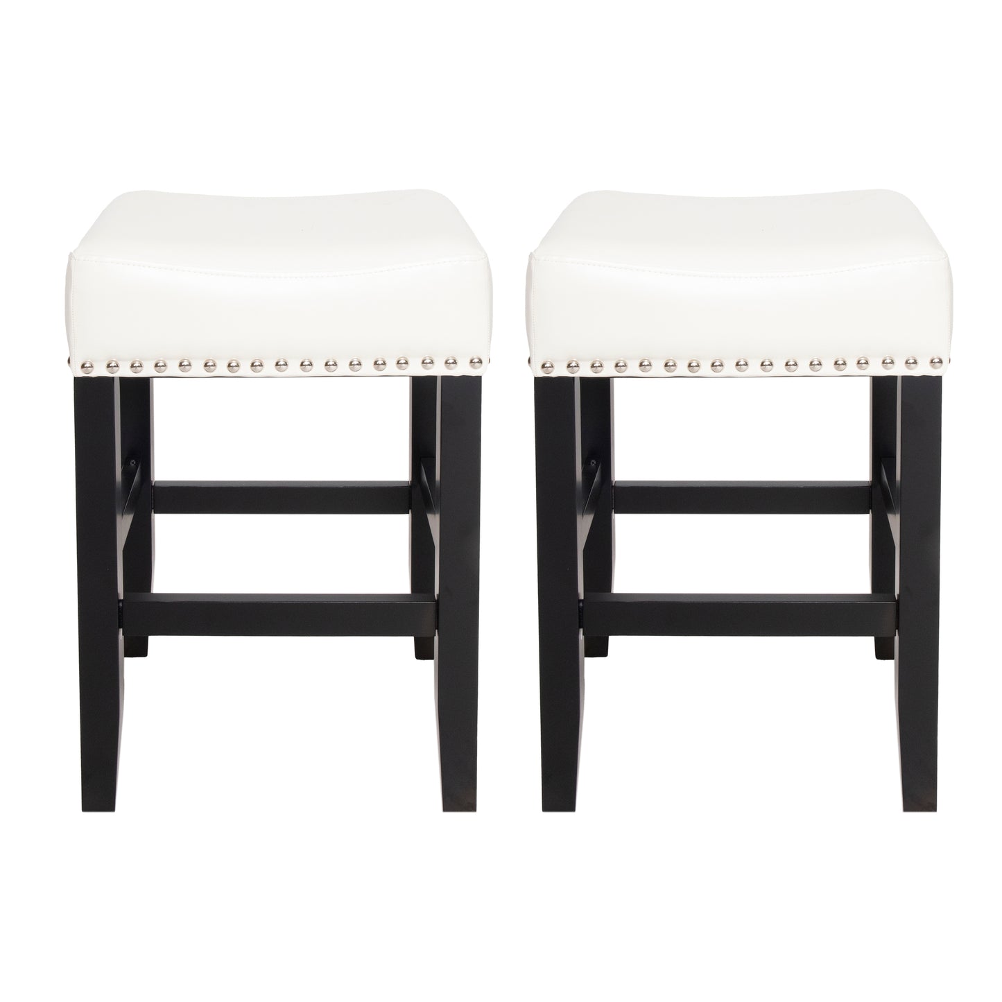 Two white faux leather counter stools with nailhead trim and dark wood legs