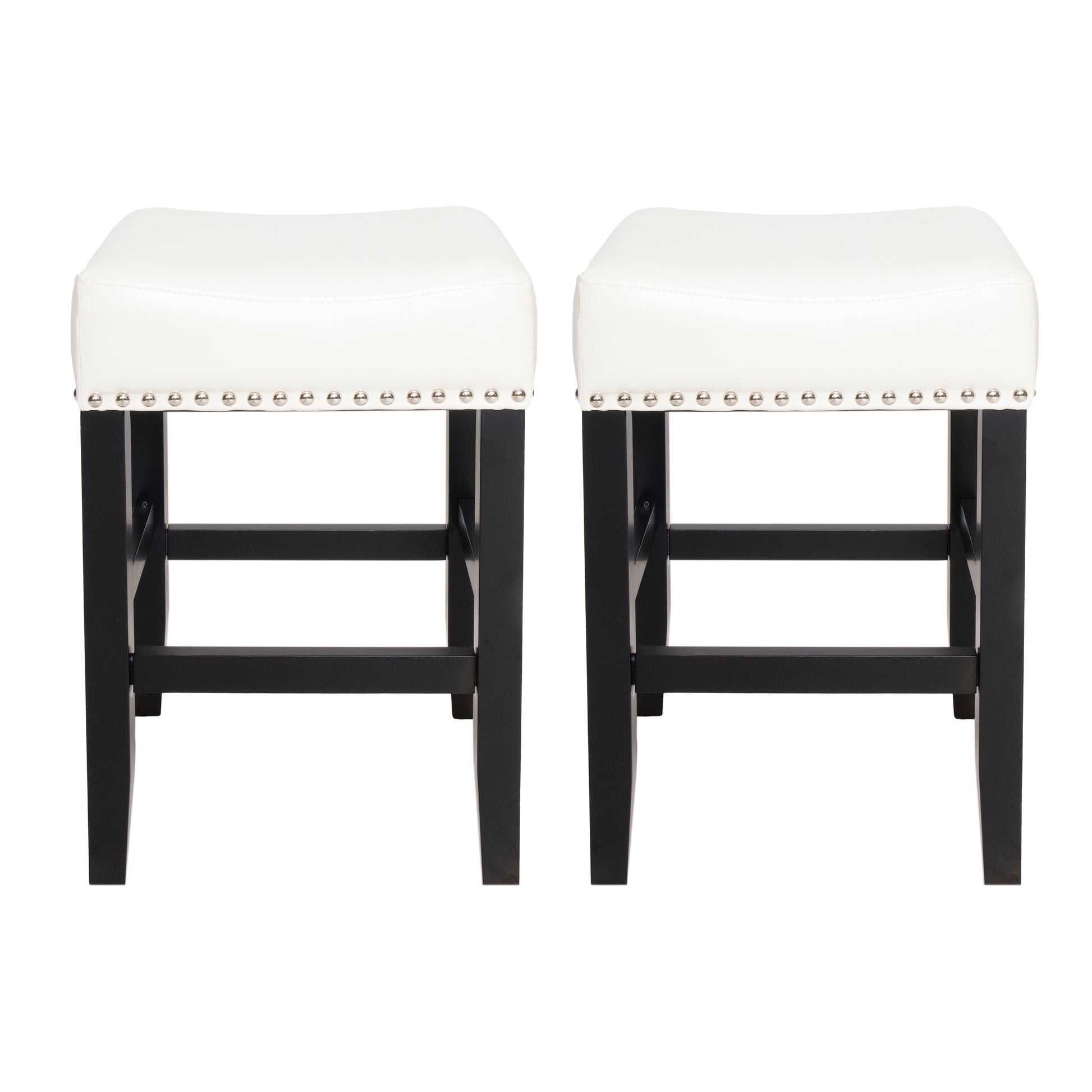 Two white faux leather counter stools with nailhead trim and dark wood legs