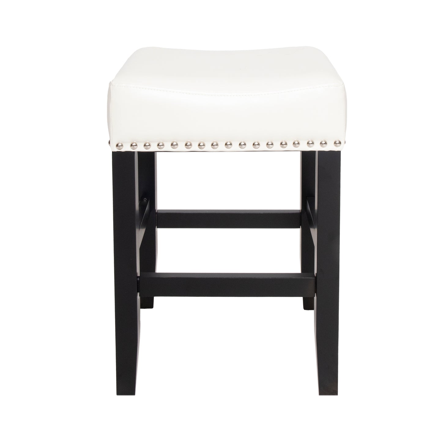White leatherette bar stool with silver nailhead trim and black wooden legs
