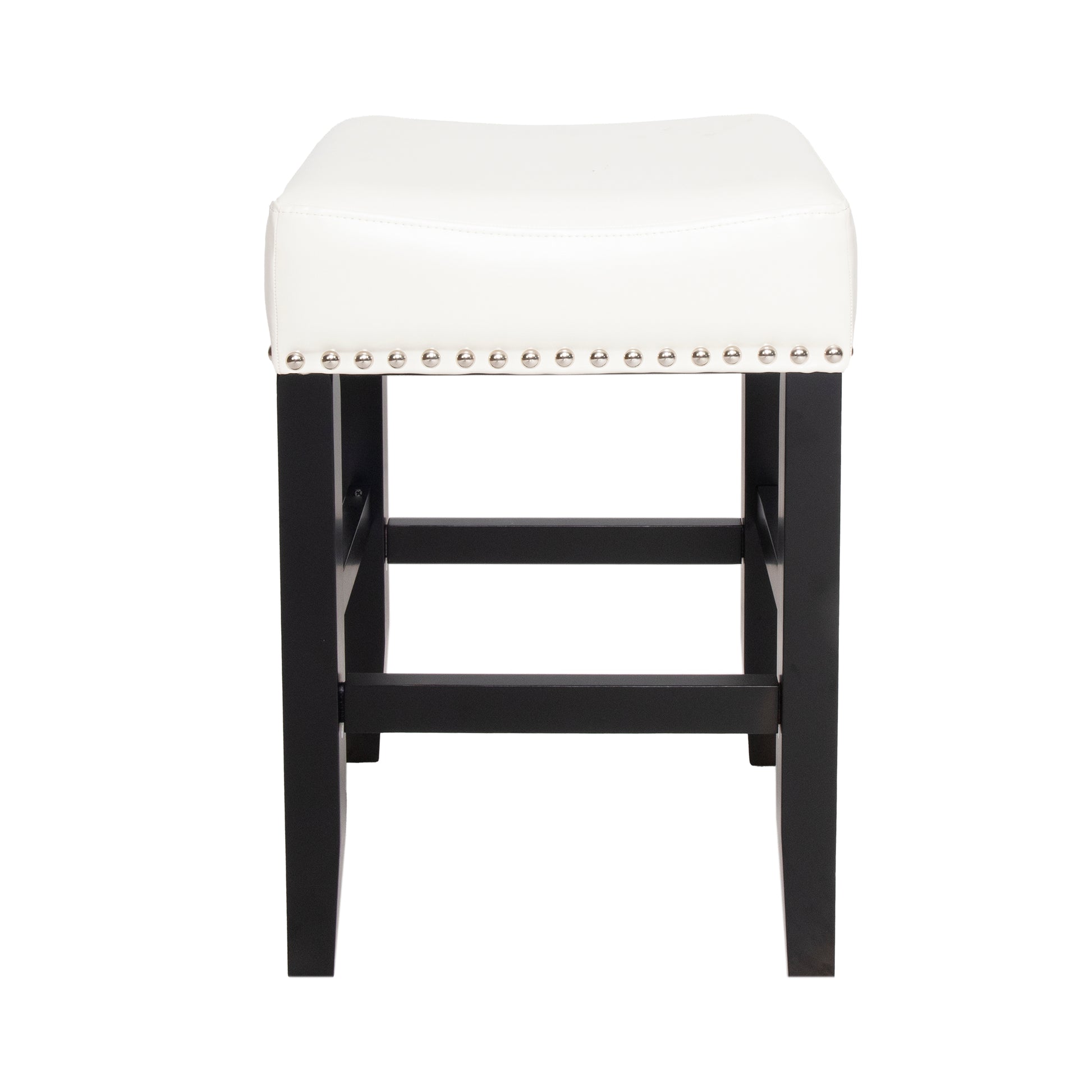 White leatherette bar stool with silver nailhead trim and black wooden legs