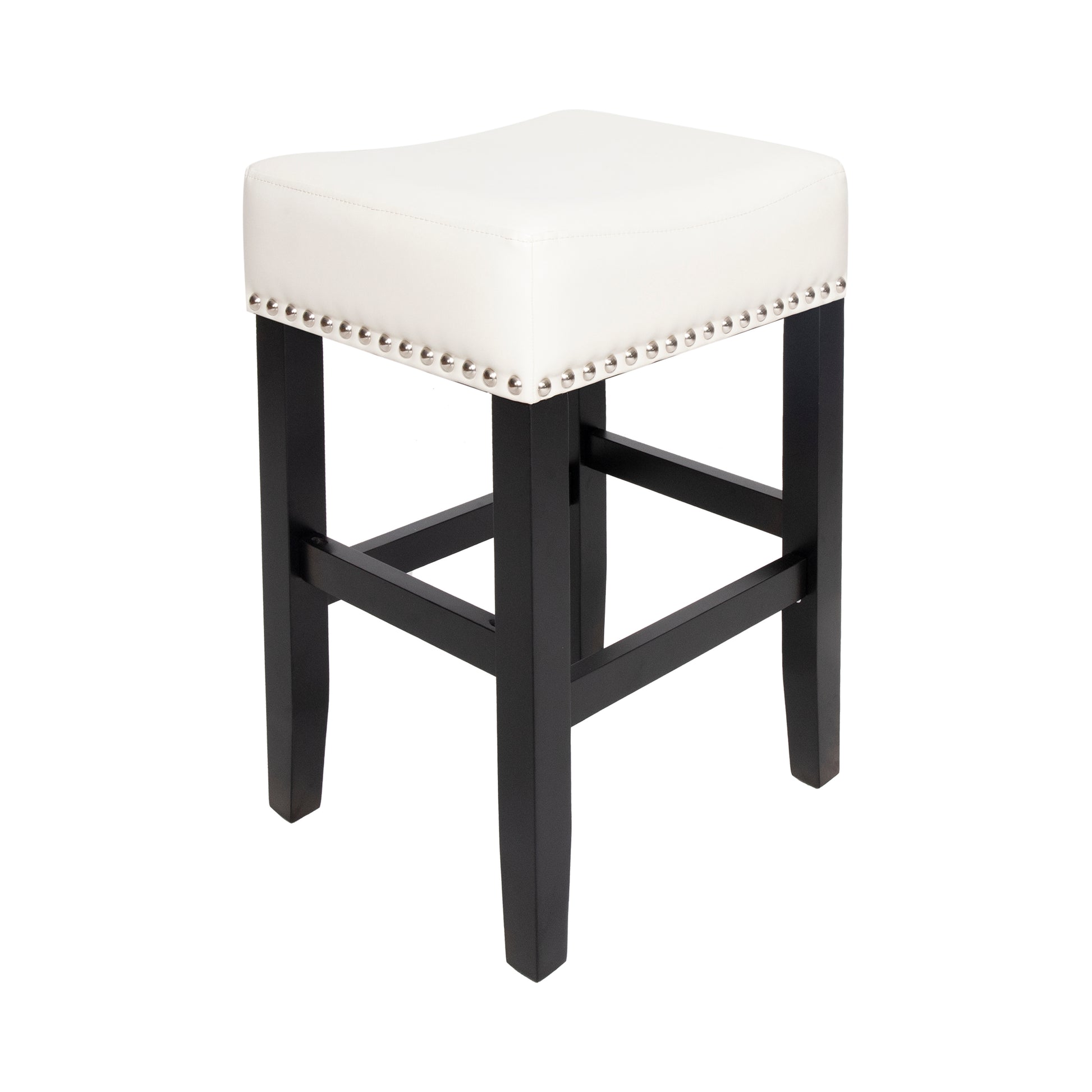 White upholstered counter stool with silver nailhead trim and black wooden legs