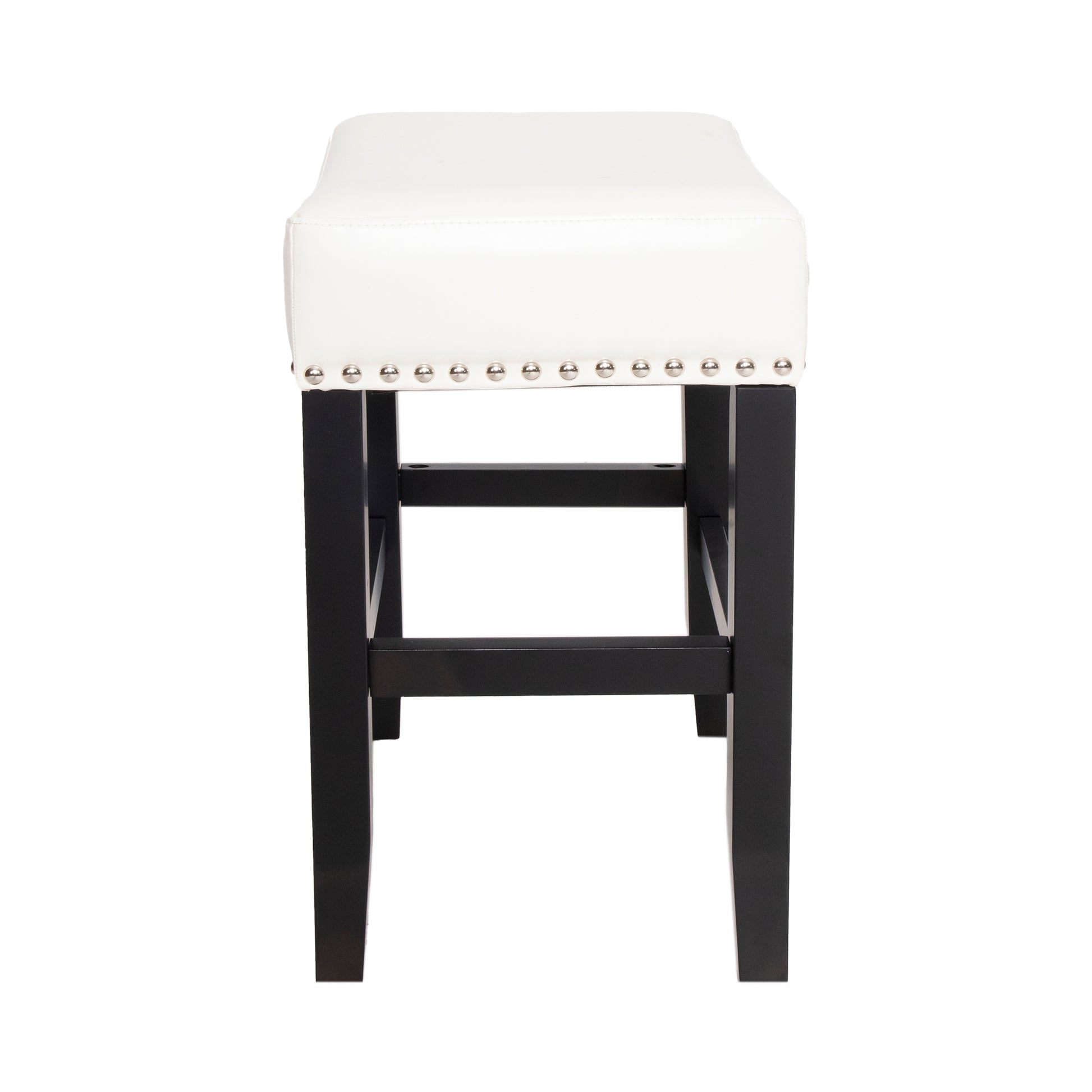 White leatherette counter stool with nailhead trim and black wood legs