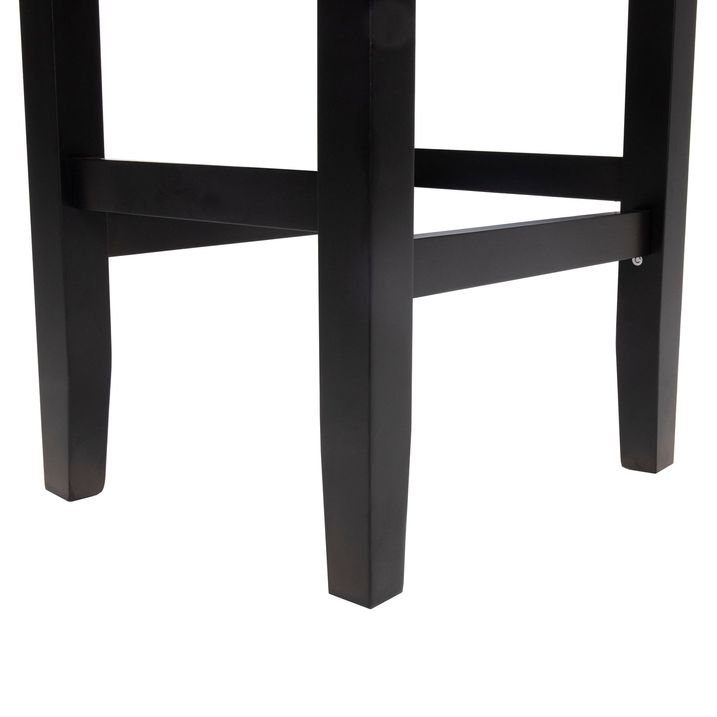 Closeup of black wooden bar stool legs showcasing sturdy construction and clean lines
