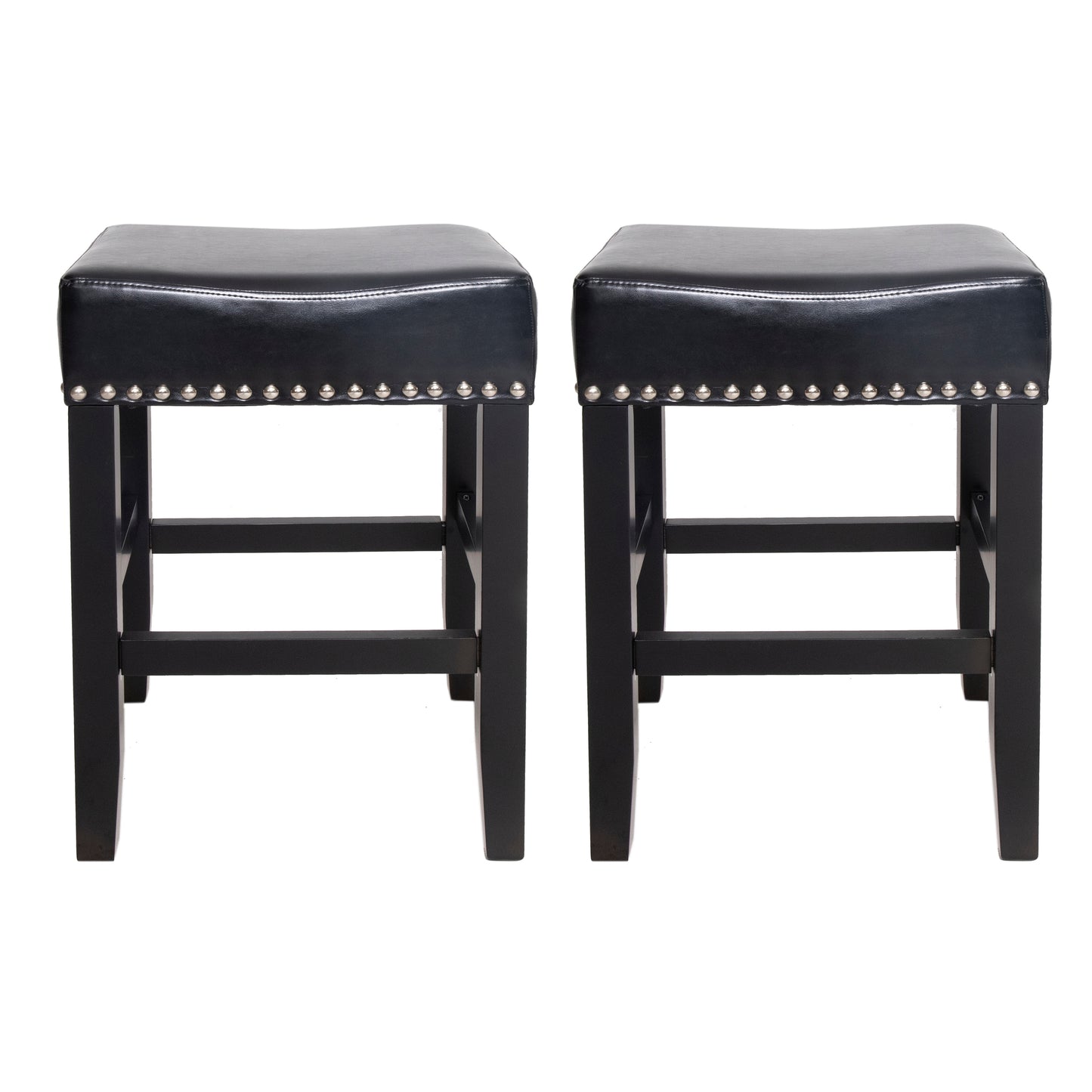 Black faux leather counter stools with silver nailhead trim