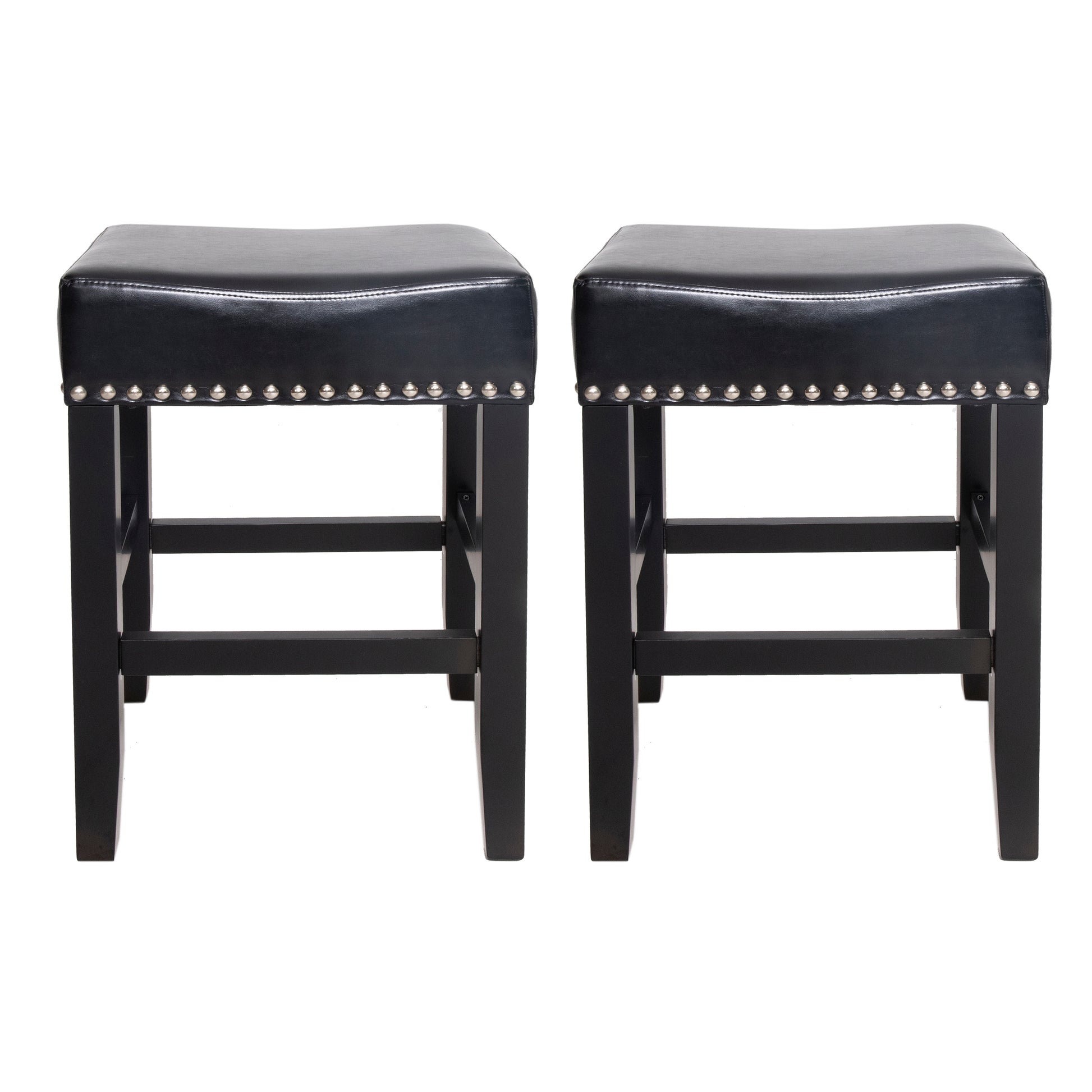 Black faux leather counter stools with silver nailhead trim