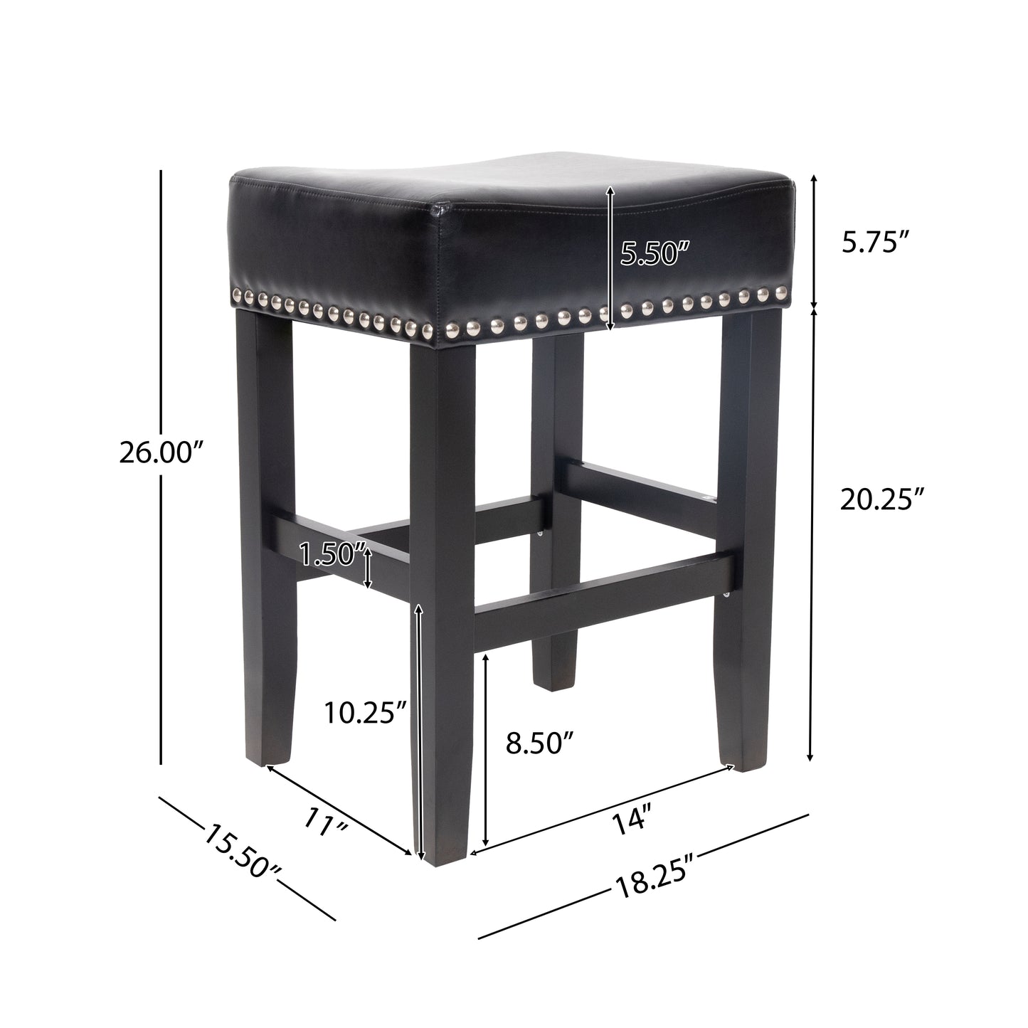 Black faux leather saddle stool with silver nailhead trim and dark wood legs