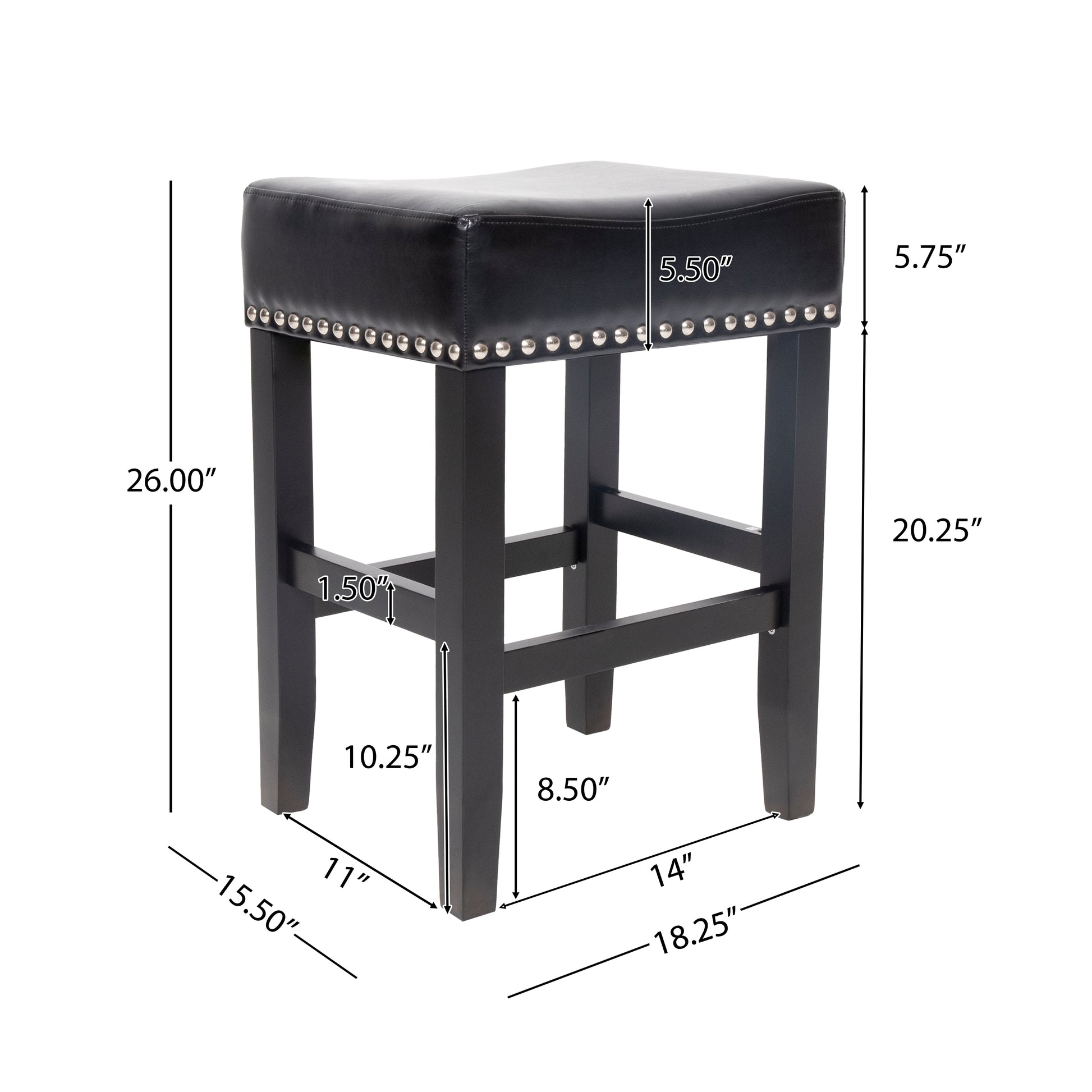 Black faux leather saddle stool with silver nailhead trim and dark wood legs