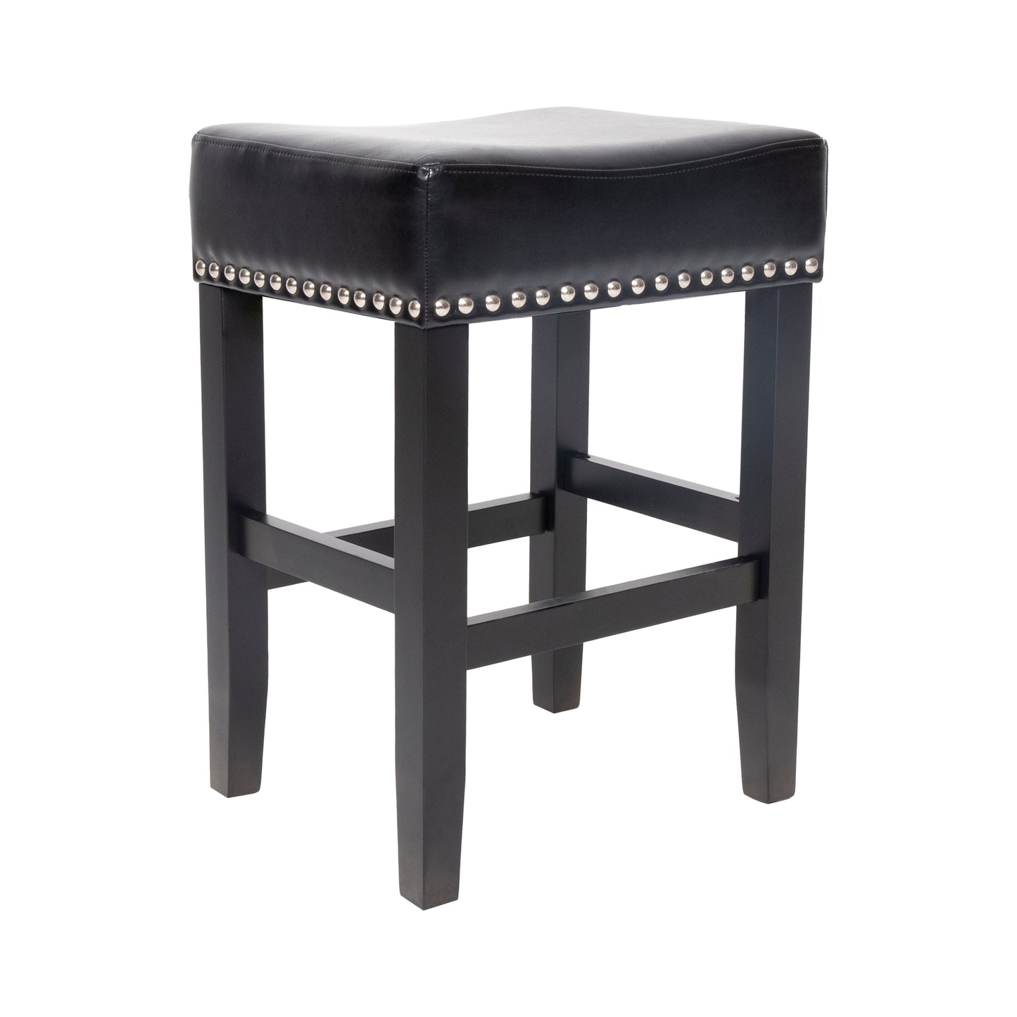 Black faux leather bar stool with silver nailhead trim and dark wood legs