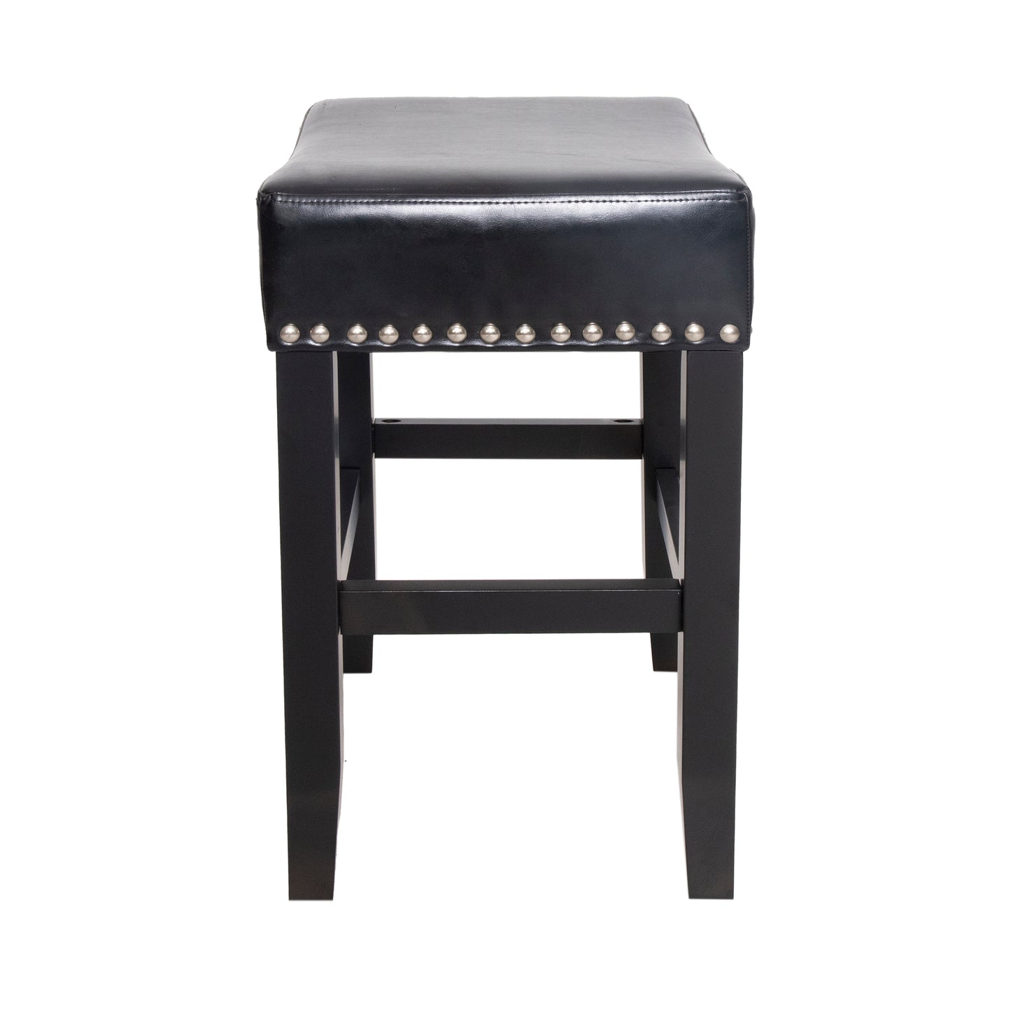 Black faux leather bar stool with silver nailhead trim and dark wood legs