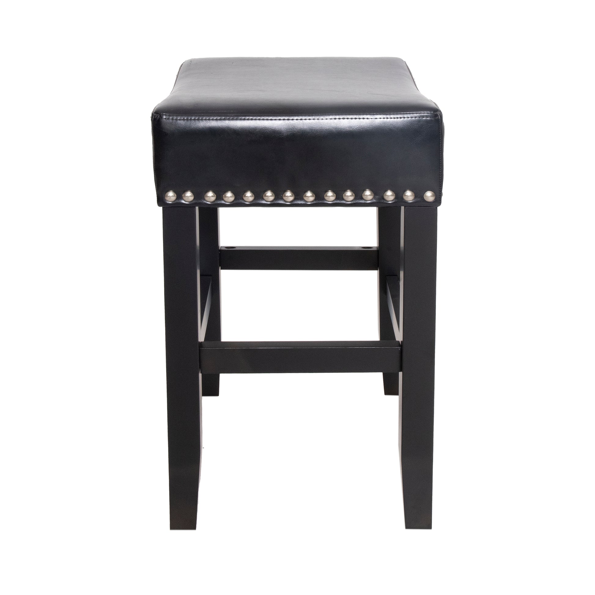Black faux leather bar stool with silver nailhead trim and dark wood legs