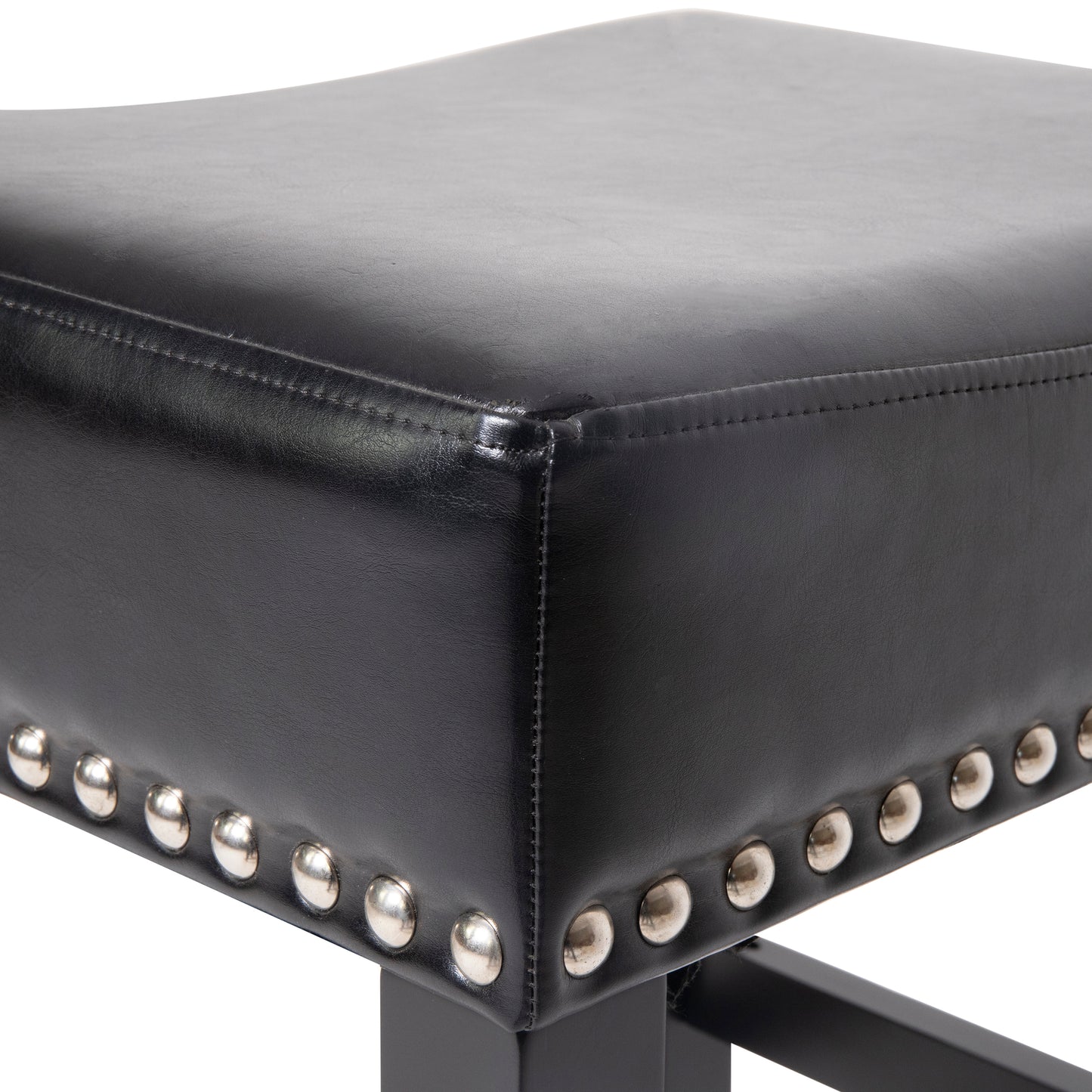 Black faux leather stool seat with decorative silver nailhead trim