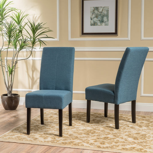 Teal upholstered dining chair with dark wood legs