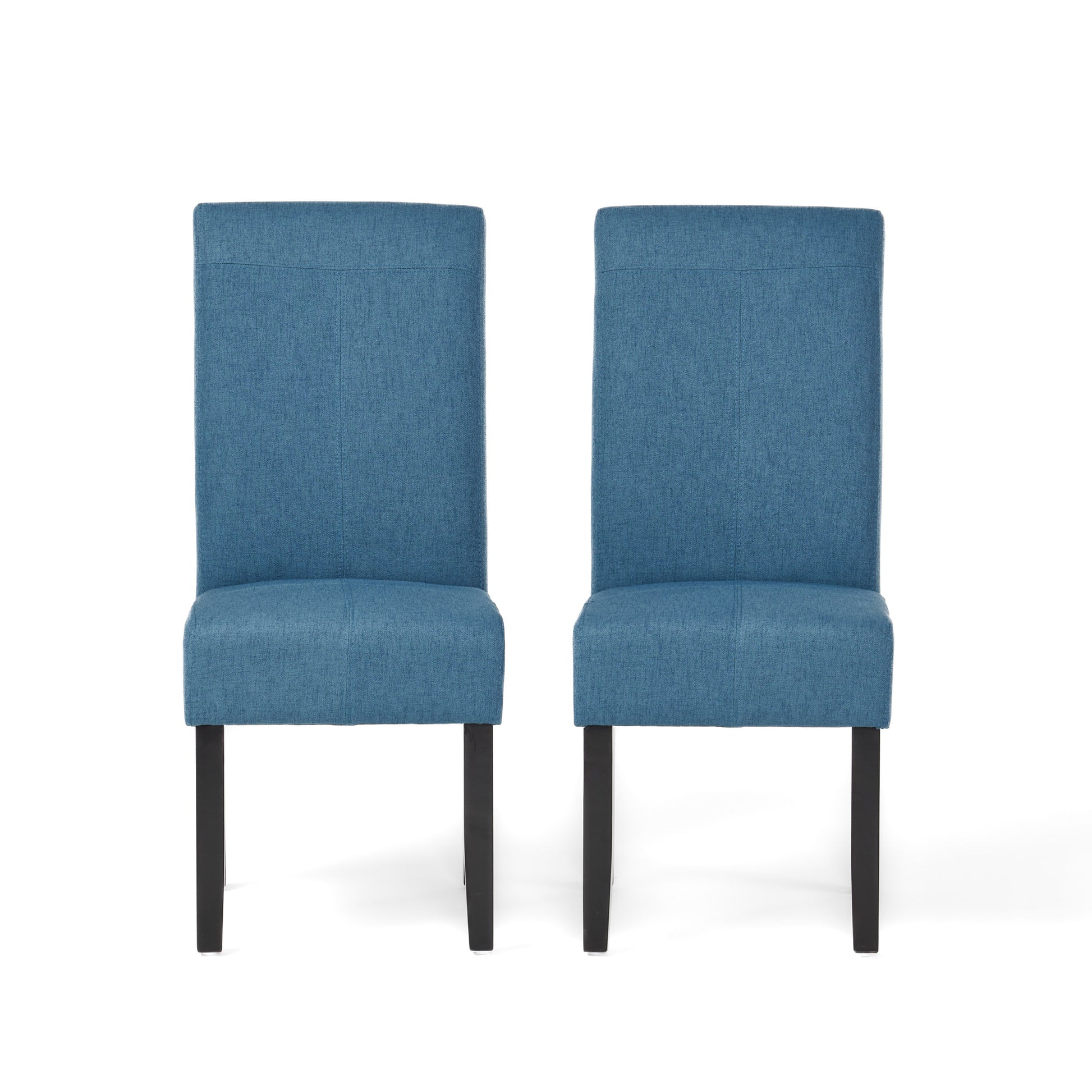 Blue upholstered dining chairs with dark wood legs