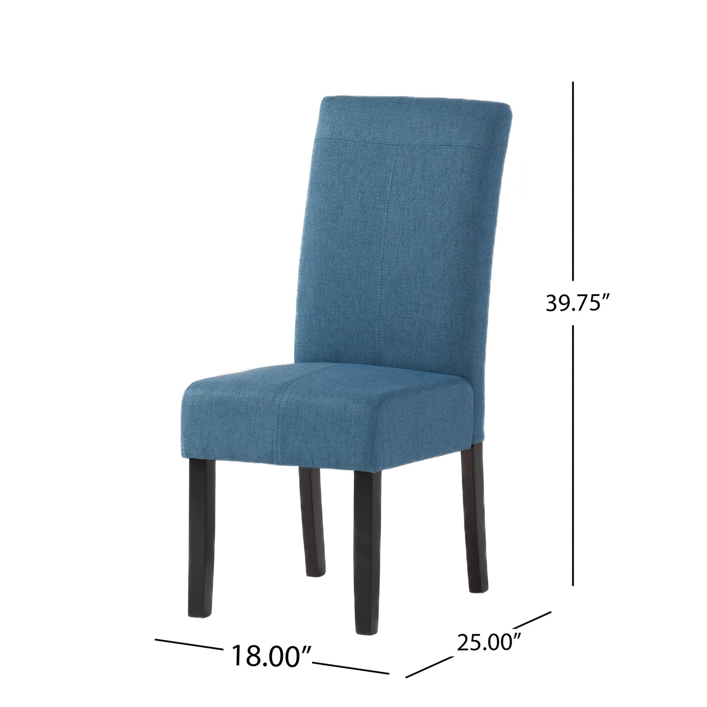 Blue upholstered dining chair with dark wood legs and tailored stitching