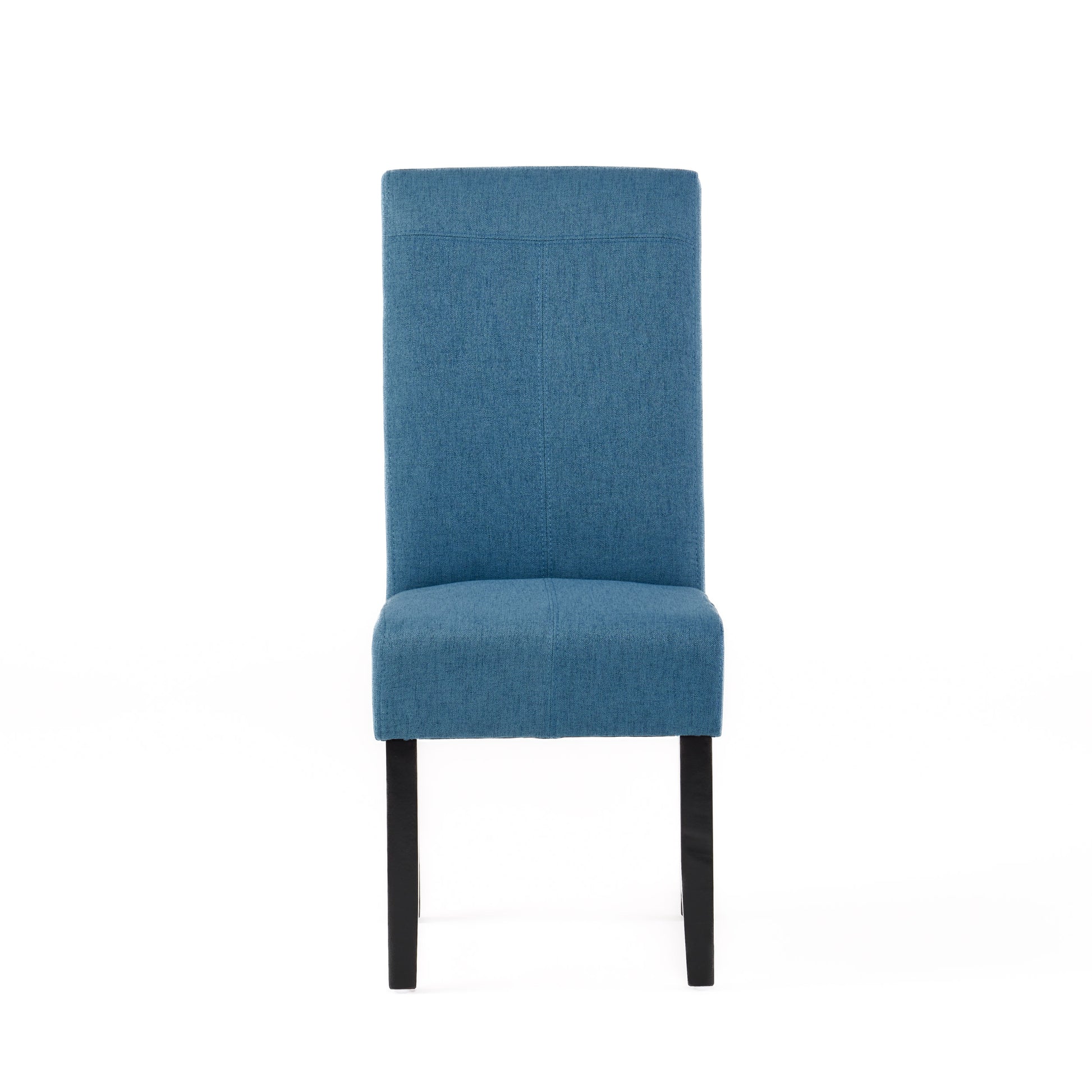 Blue upholstered dining chair with black wooden legs