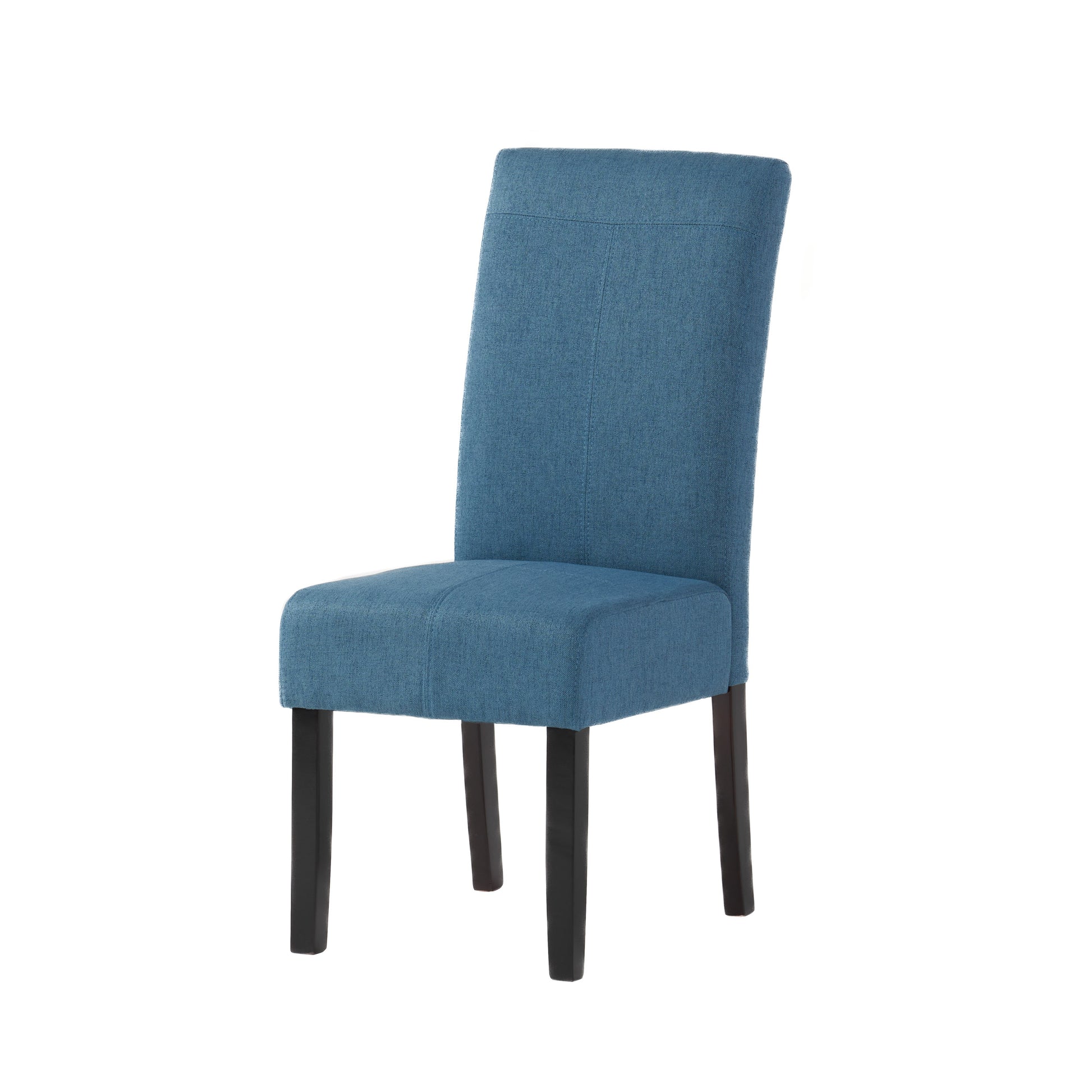 Upholstered dining chair in textured blue fabric with dark wood legs