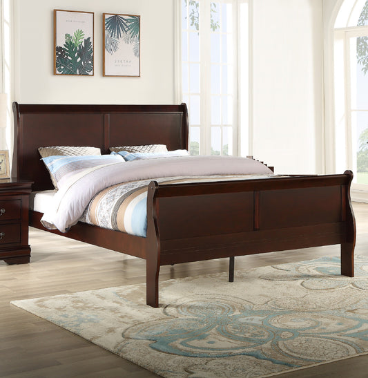 Dark wood sleigh bed with upholstered headboard and striped bedding