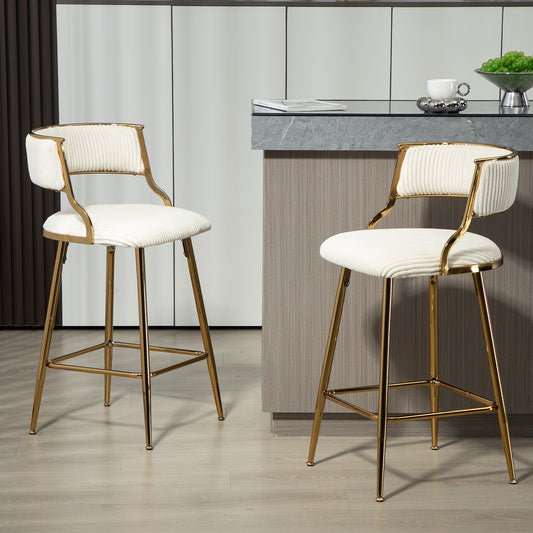 White corduroy bar stool with gold metal legs and frame