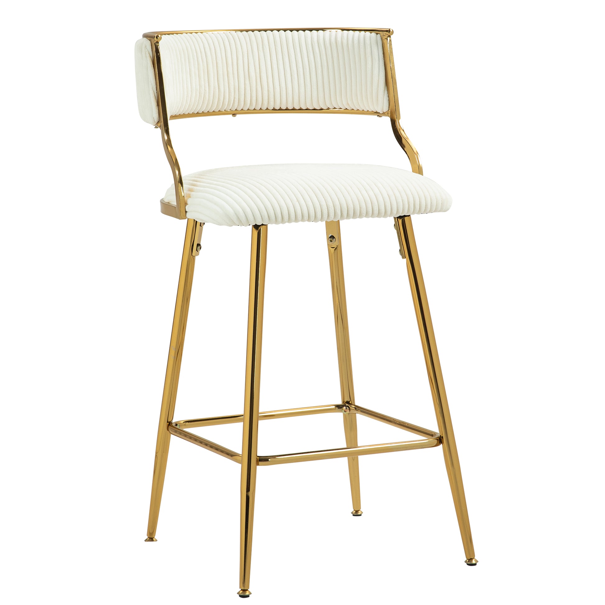 White upholstered bar stool with plush channels and gold metal frame