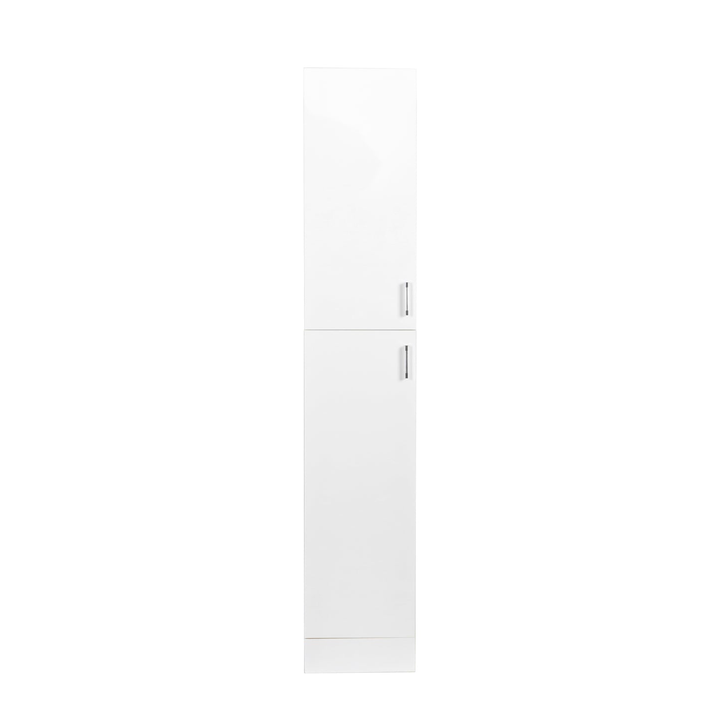 White modern tall storage cabinet with two doors and silver handles