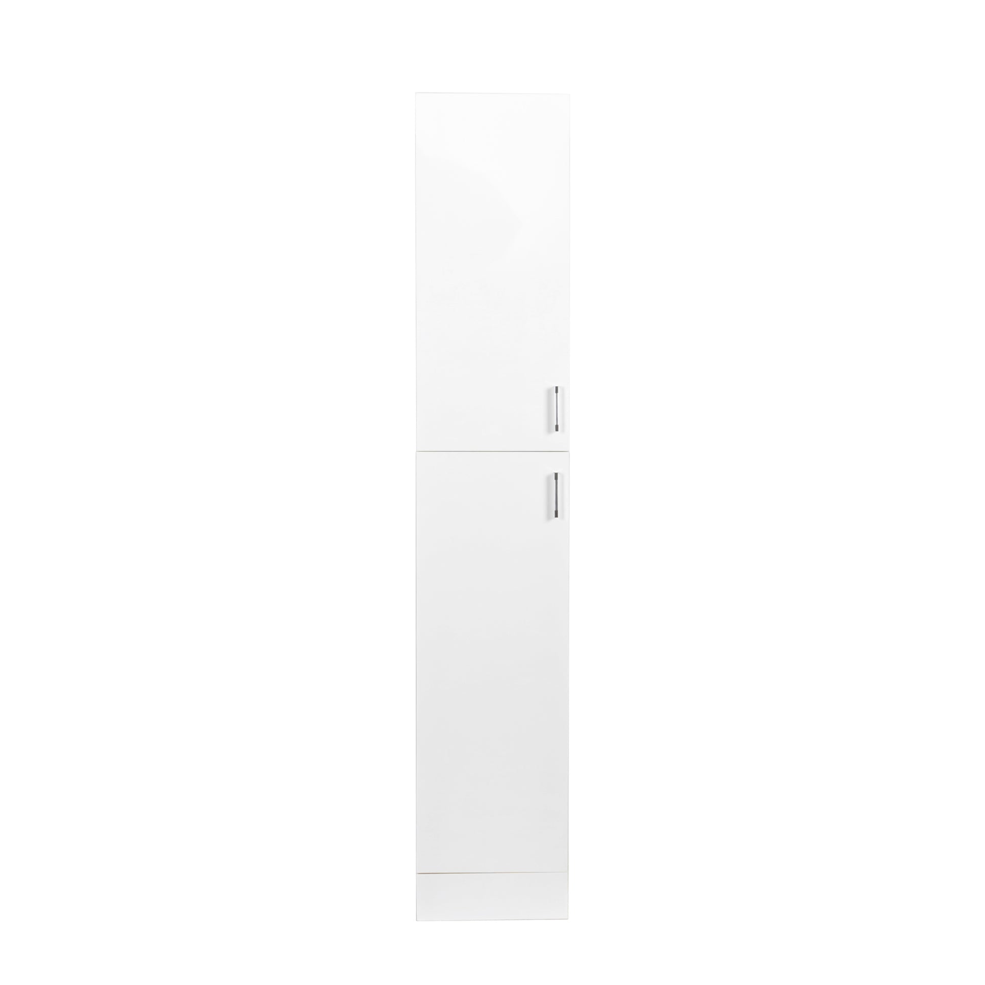 White modern tall storage cabinet with two doors and silver handles