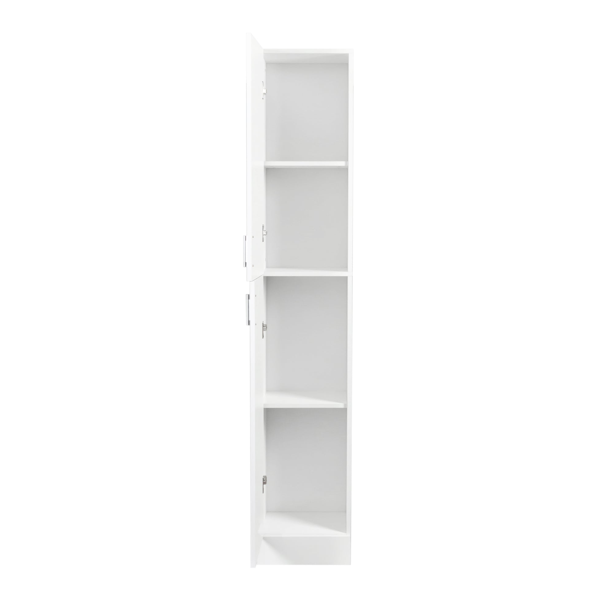 White tall narrow storage cabinet with open door and shelves