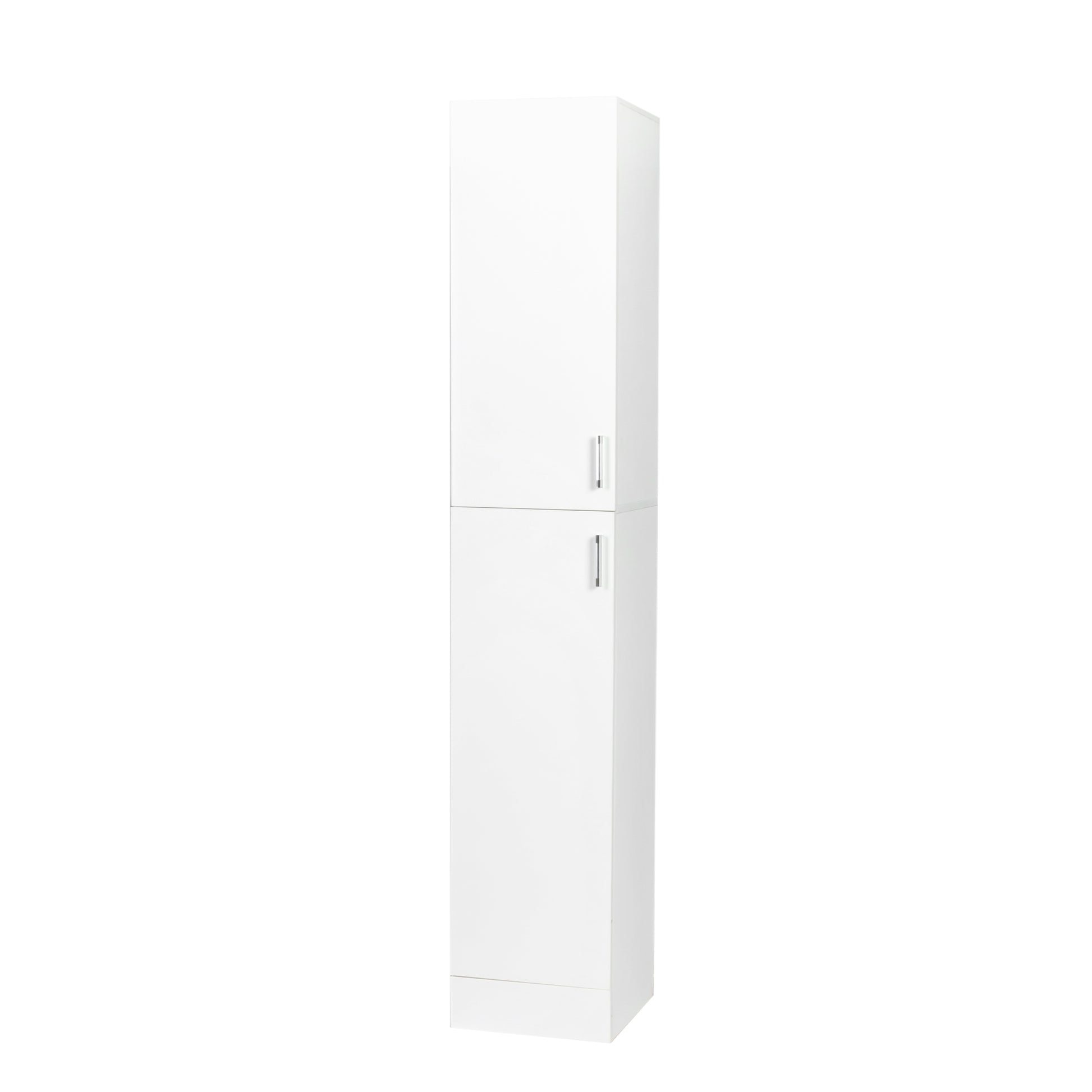 Tall white pantry cabinet with two doors and silver handles