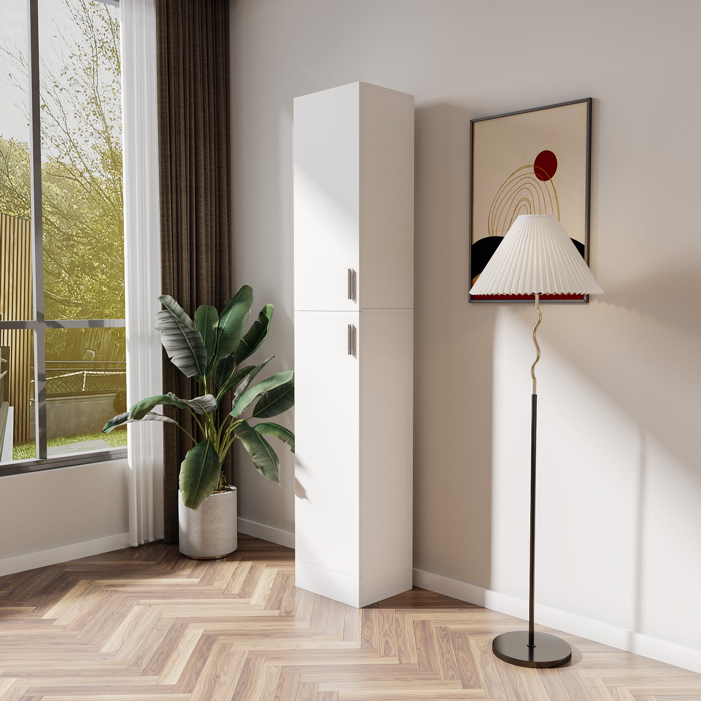 Tall white modern storage cabinet with silver handles