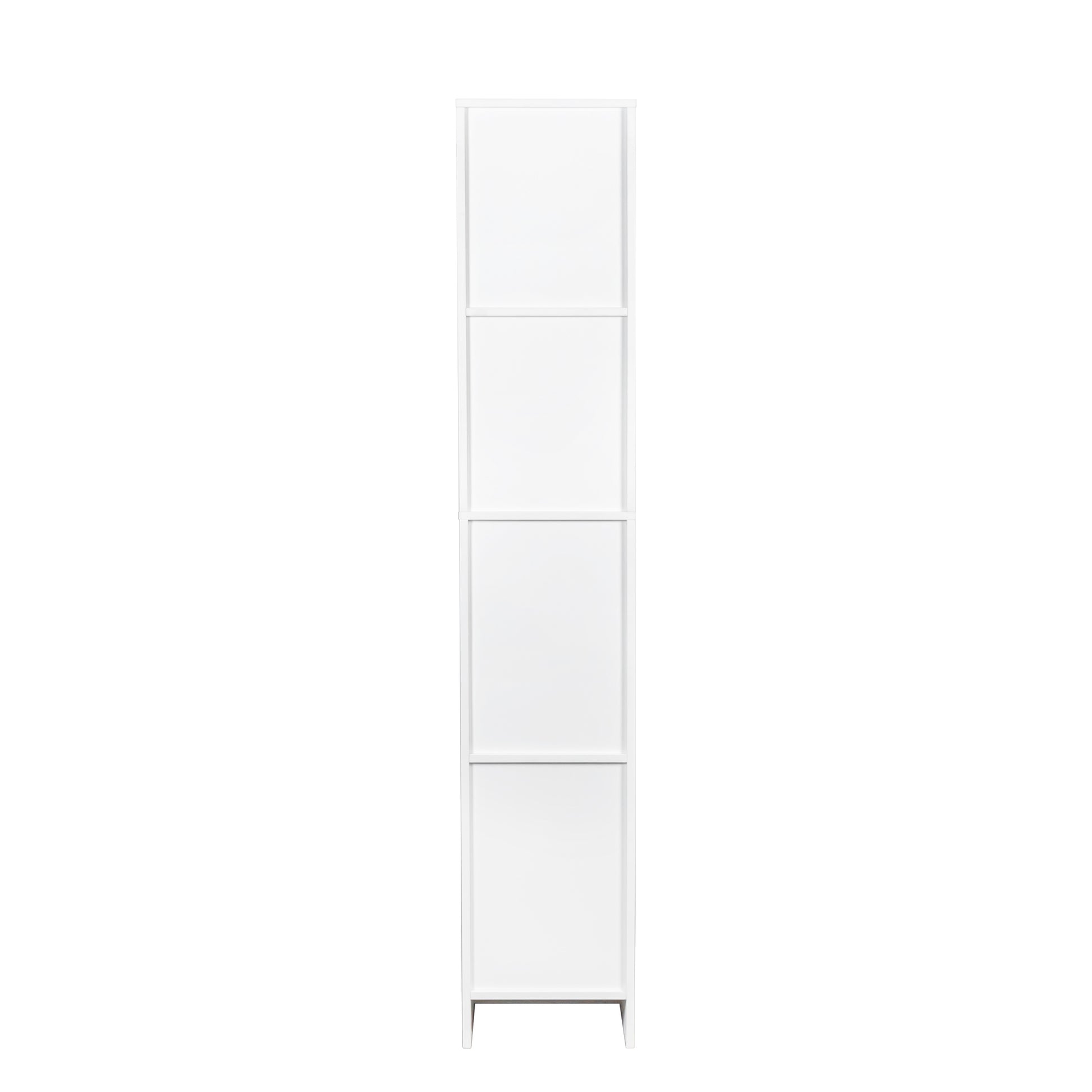 Slim white fourshelf bookcase with clean lines and modern design
