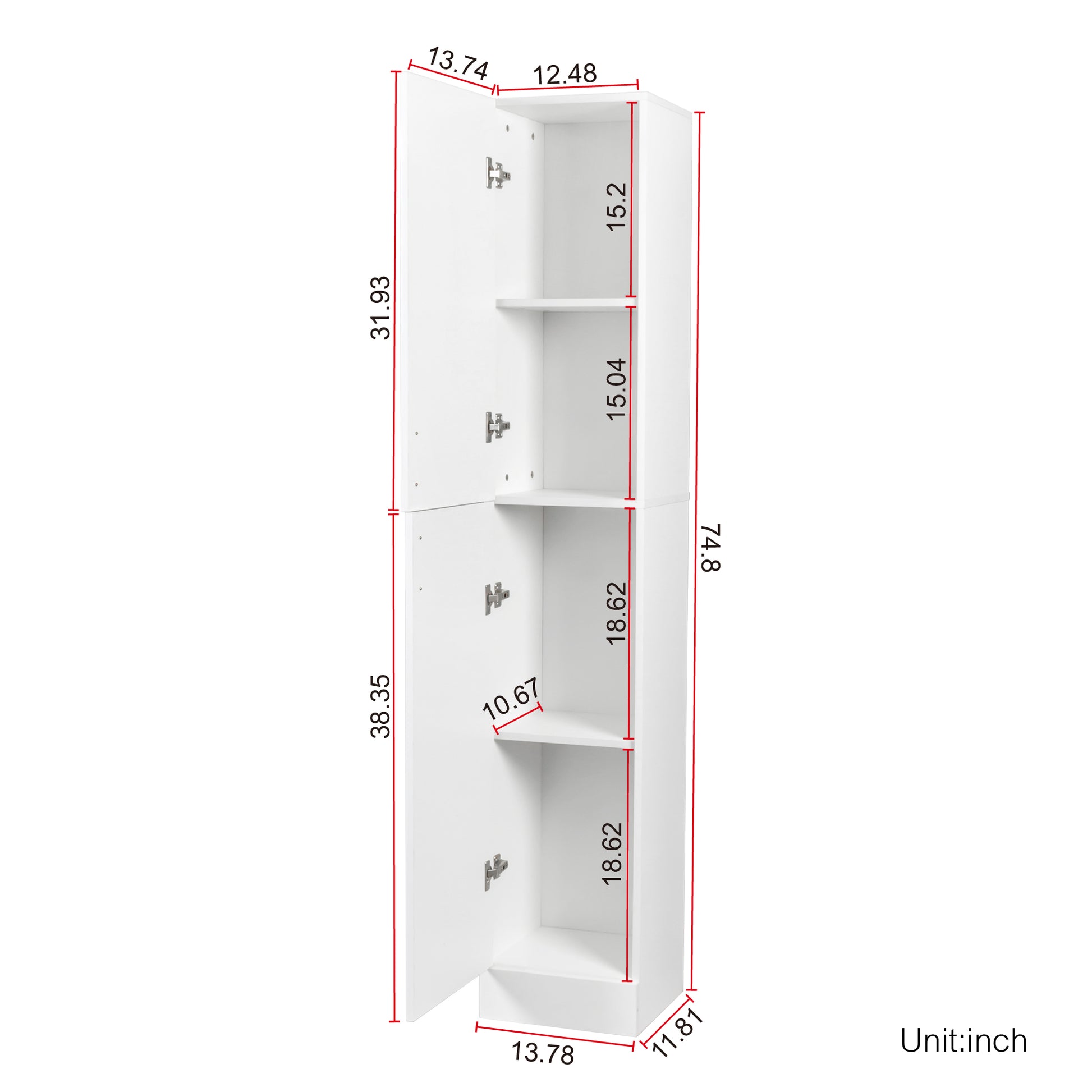 White narrow storage cabinet with two doors and three shelves